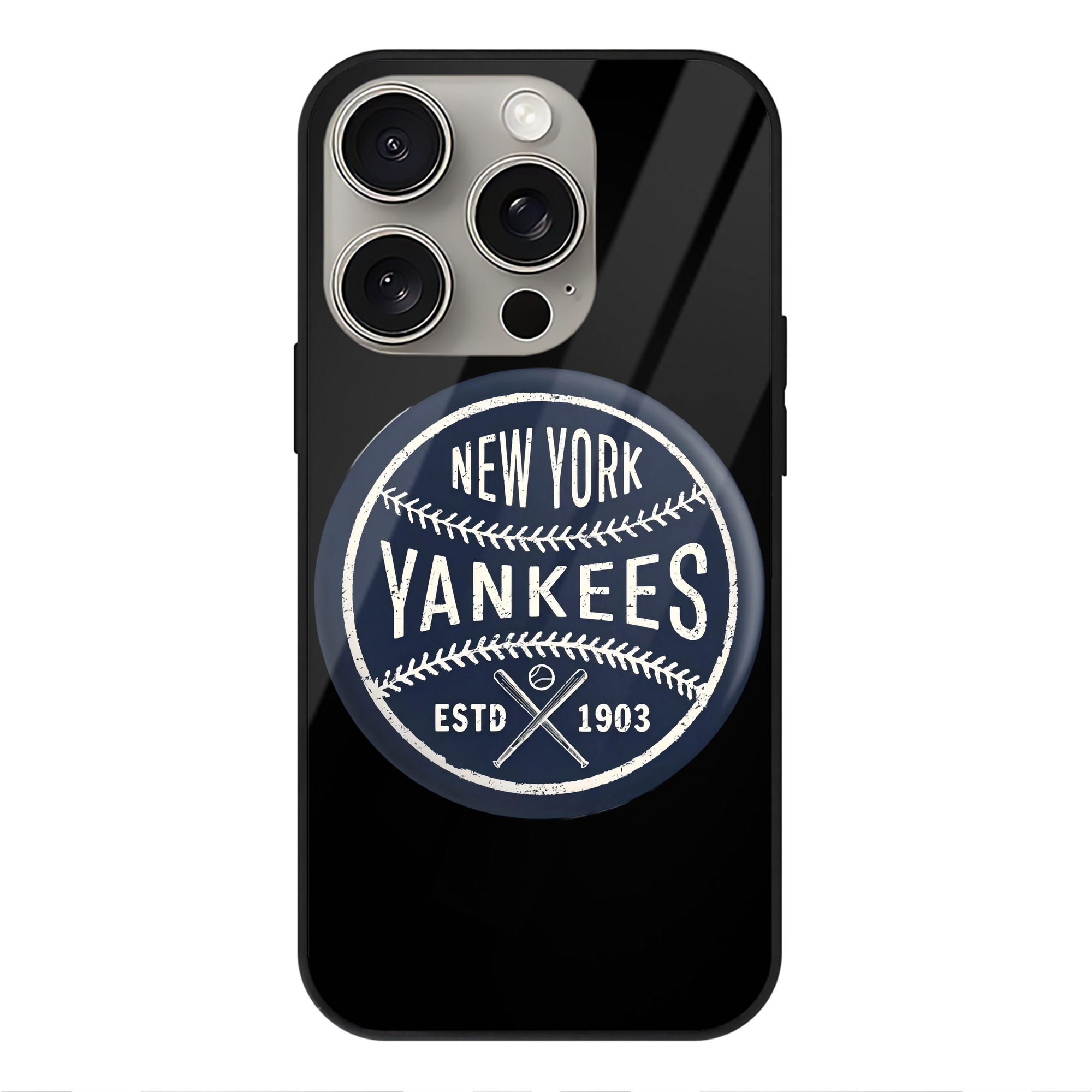 New York Yankees Estd 1903 IPhone 15 Pro Mirror Phone Case – UV Printed Glass + TPU – Scratch-Resistant, Wireless Charging Compatible, Precise Fit & Stylish Design