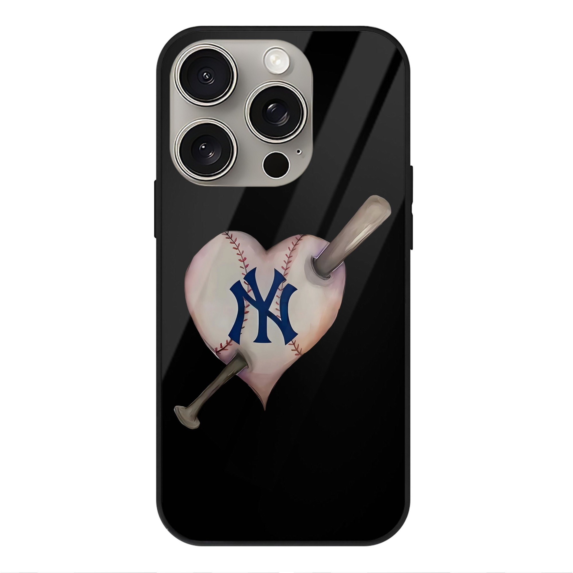 New York Yankees Heart IPhone 15 Pro Mirror Phone Case – UV Printed Glass + TPU – Scratch-Resistant, Wireless Charging Compatible, Precise Fit & Stylish Design