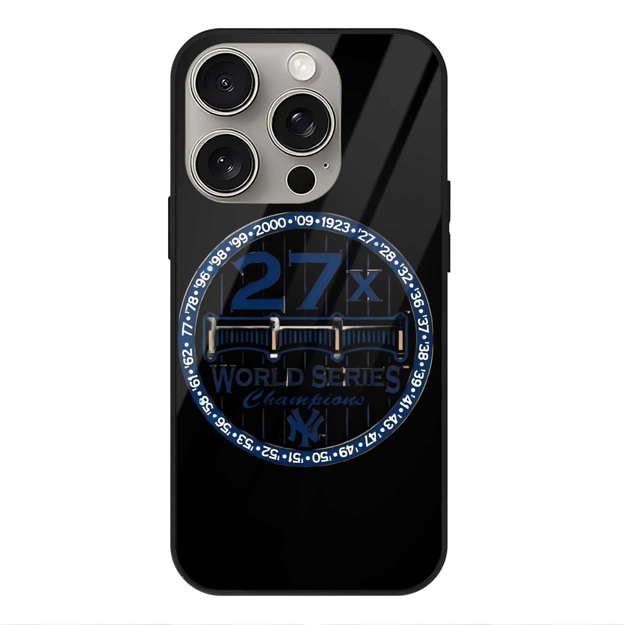 New York Yankees 27X WS Champions IPhone 15 Pro Mirror Phone Case – UV Printed Glass + TPU – Scratch-Resistant, Wireless Charging Compatible, Precise Fit & Stylish Design