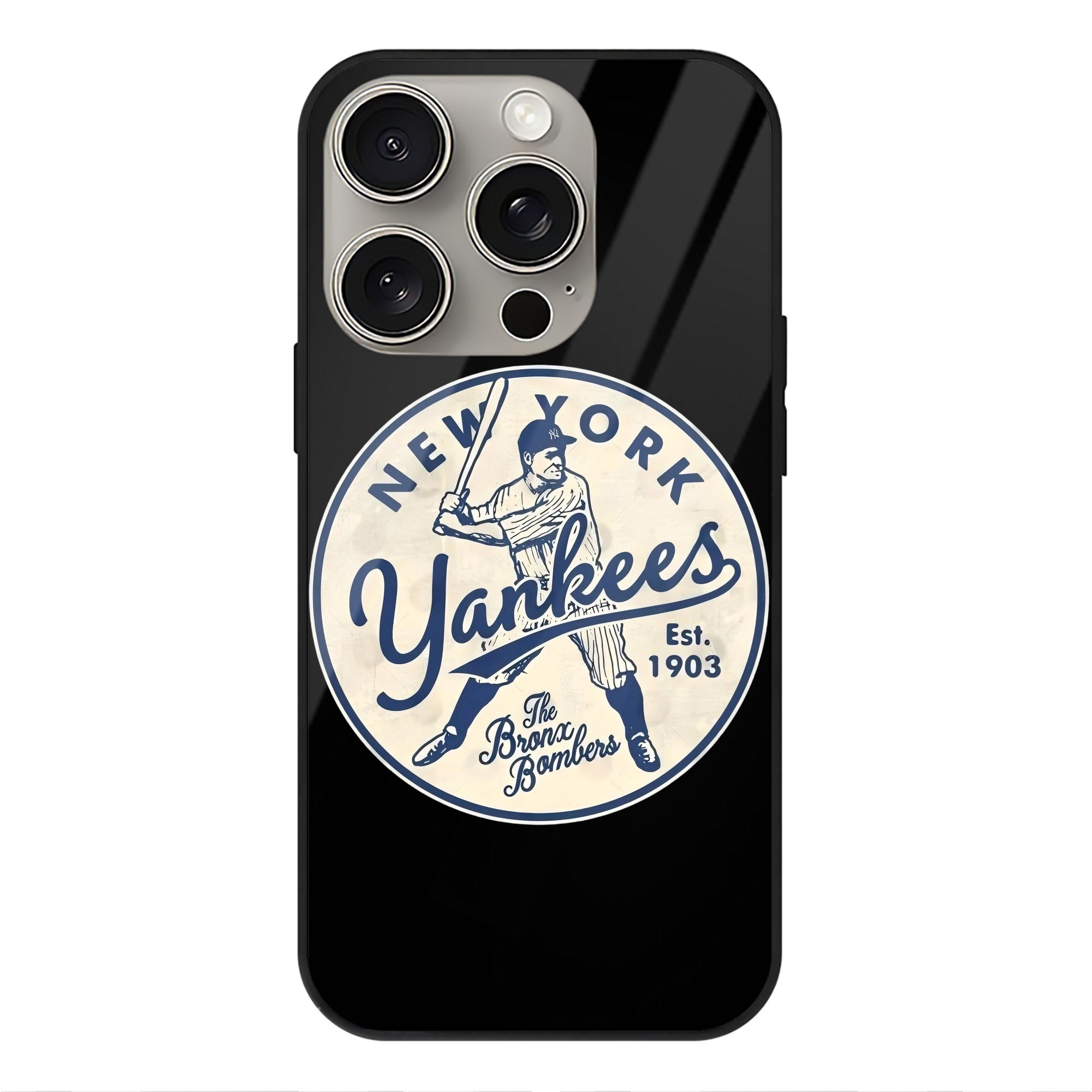 New York Yankees The Bronx Bombers Estd 1903 IPhone 15 Pro Mirror Phone Case – UV Printed Glass + TPU – Scratch-Resistant, Wireless Charging Compatible, Precise Fit & Stylish Design