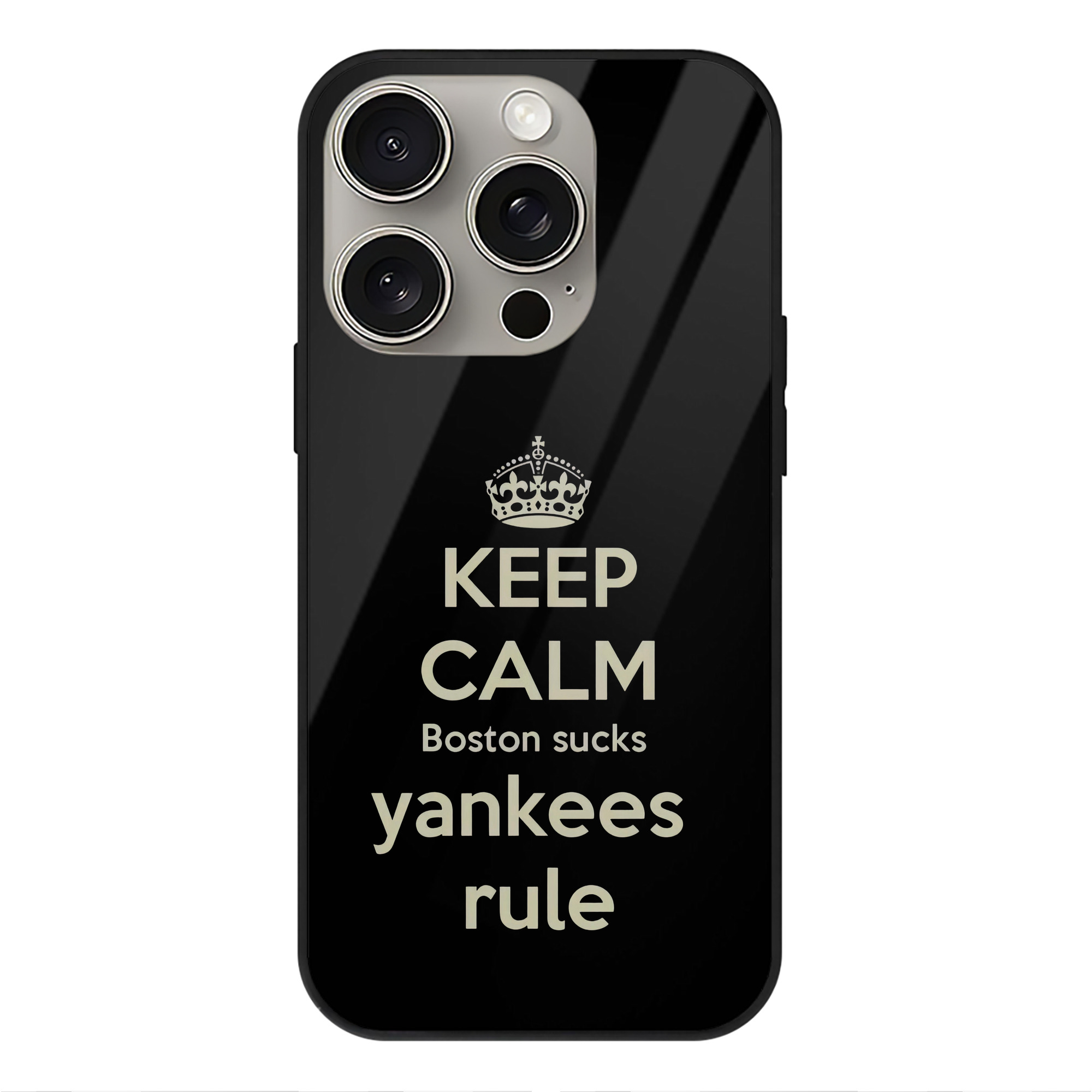 New York Yankees Keep Calm Yankees Rule Boston Sucks IPhone 15 Pro Mirror Phone Case – UV Printed Glass + TPU – Scratch-Resistant, Wireless Charging Compatible, Precise Fit & Stylish Design