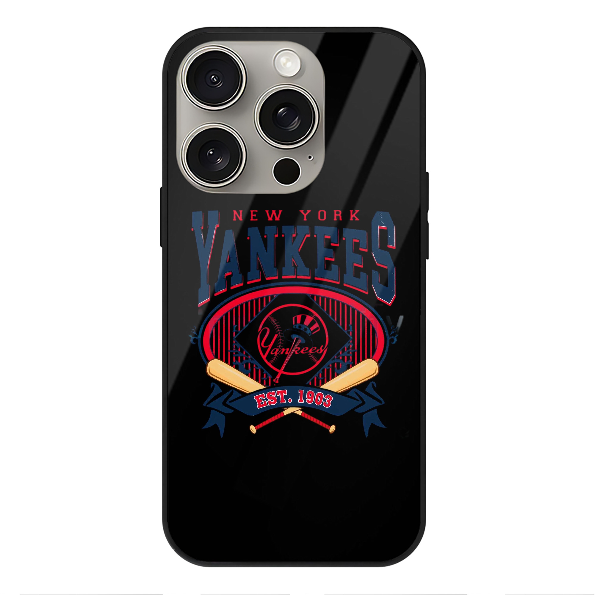 New York Yankees Vintage Est.1903 IPhone 15 Pro Mirror Phone Case – UV Printed Glass + TPU – Scratch-Resistant, Wireless Charging Compatible, Precise Fit & Stylish Design