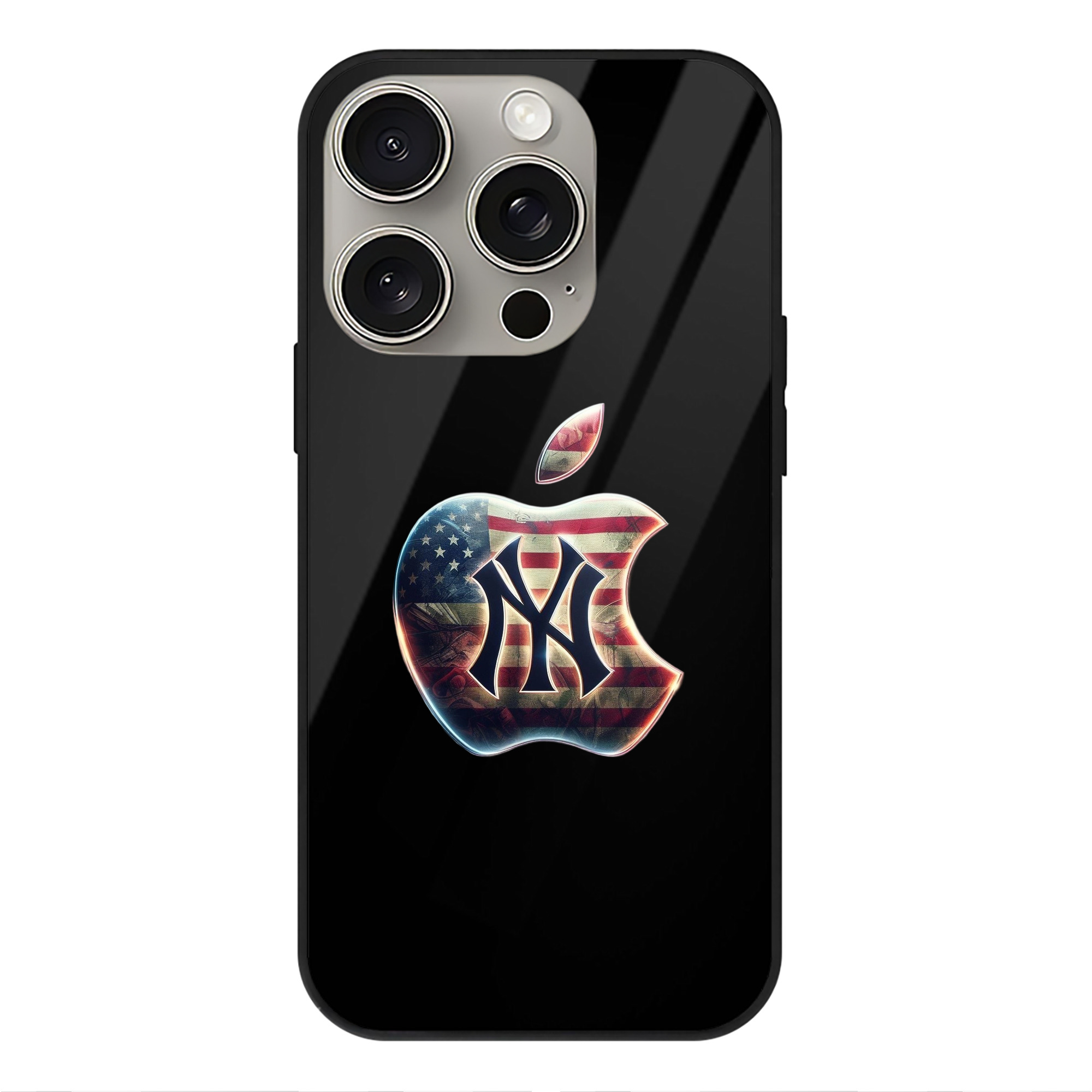 New York Yankees Apple US Flag IPhone 15 Pro Mirror Phone Case – UV Printed Glass + TPU – Scratch-Resistant, Wireless Charging Compatible, Precise Fit & Stylish Design