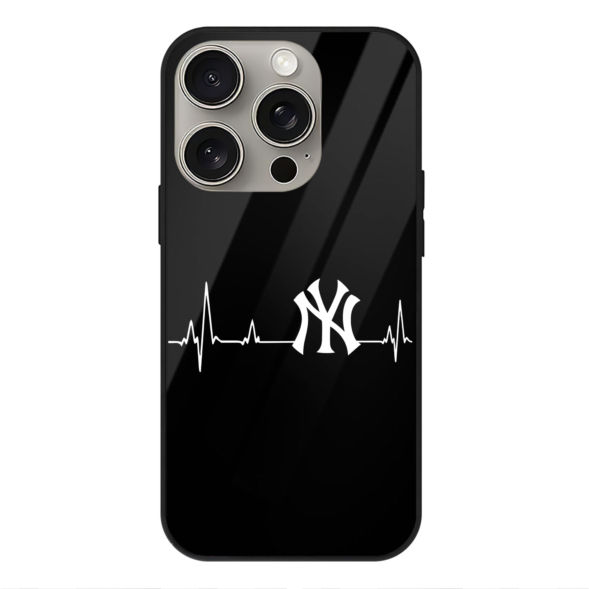 New York Yankees EKG Line IPhone 15 Pro Mirror Phone Case – UV Printed Glass + TPU – Scratch-Resistant, Wireless Charging Compatible, Precise Fit & Stylish Design