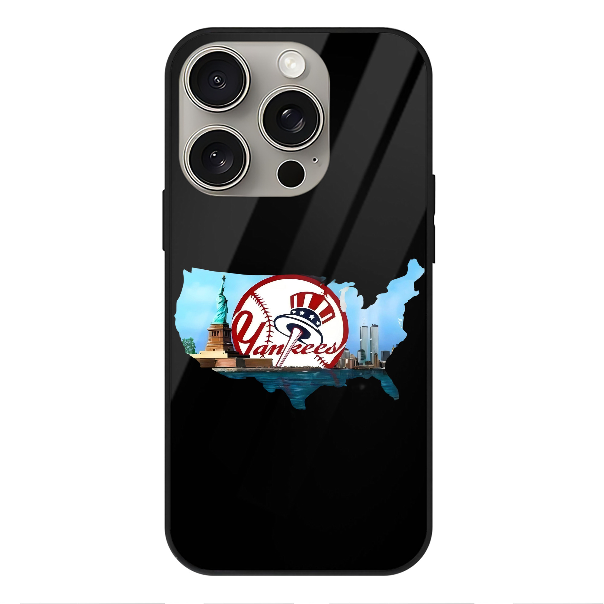 New York Yankees Whole USA IPhone 15 Pro Mirror Phone Case – UV Printed Glass + TPU – Scratch-Resistant, Wireless Charging Compatible, Precise Fit & Stylish Design