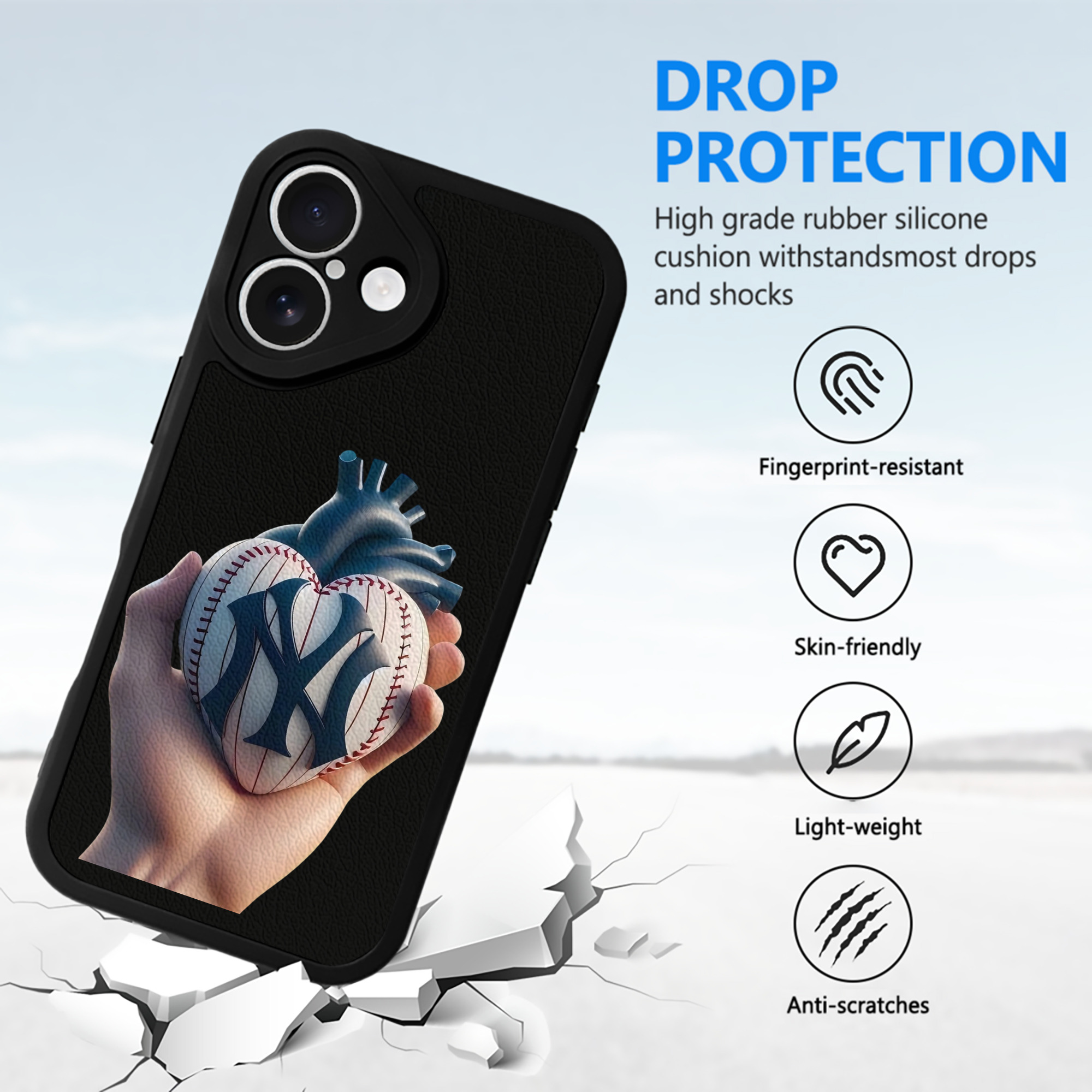 New York Yankees Heart IPhone 16 Silicone Leather Case – UV Print, Lambskin Texture – Perfect Fit, Wireless Charging Compatible, Scratch Resistant, Precise Cutouts – Stylish Protection For IPhone 16