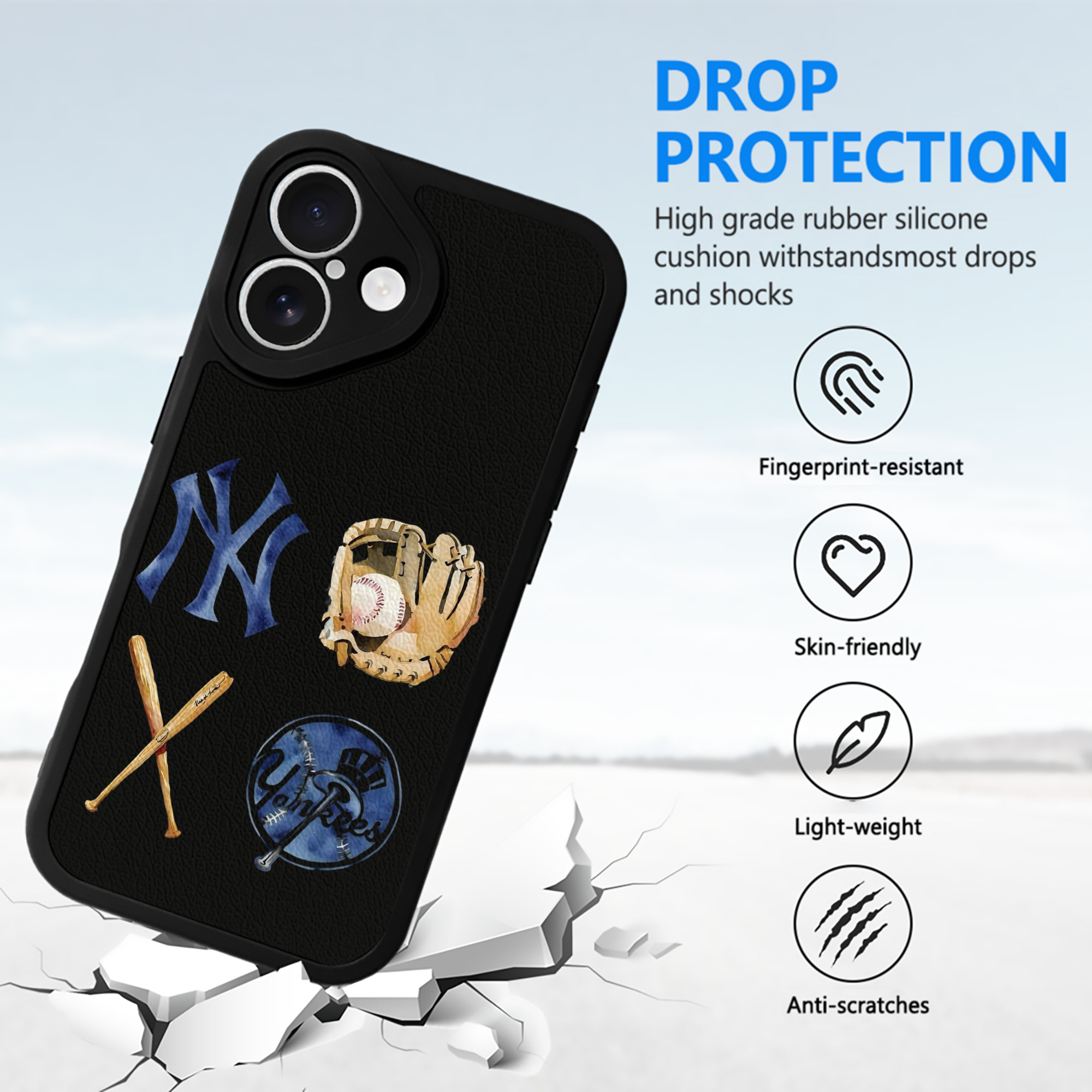 New York Yankees Baseball IPhone 16 Silicone Leather Case – UV Print, Lambskin Texture – Perfect Fit, Wireless Charging Compatible, Scratch Resistant, Precise Cutouts – Stylish Protection For IPhone 16
