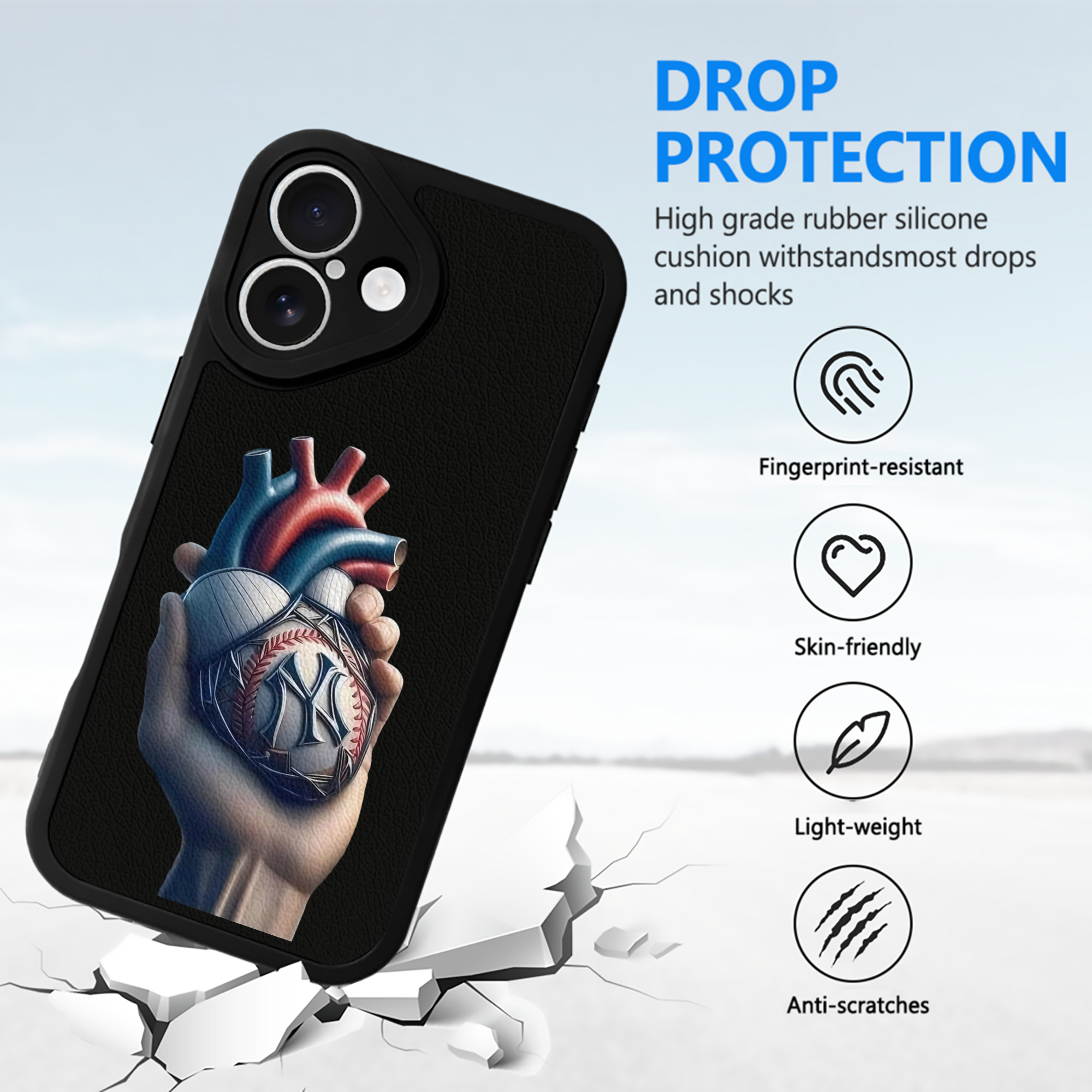 New York Yankees Heart IPhone 16 Silicone Leather Case – UV Print, Lambskin Texture – Perfect Fit, Wireless Charging Compatible, Scratch Resistant, Precise Cutouts – Stylish Protection For IPhone 16