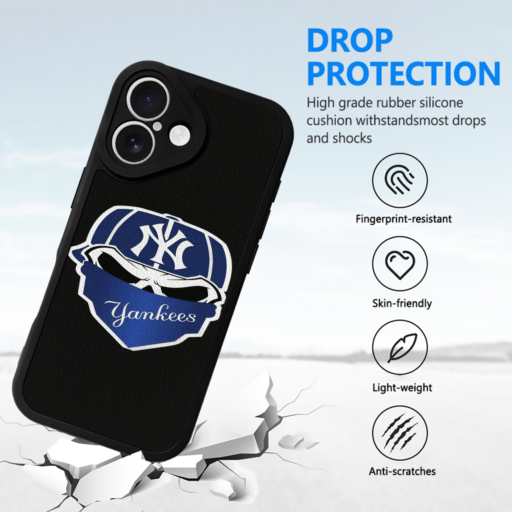 New York Yankees Skull IPhone 16 Silicone Leather Case – UV Print, Lambskin Texture – Perfect Fit, Wireless Charging Compatible, Scratch Resistant, Precise Cutouts – Stylish Protection For IPhone 16