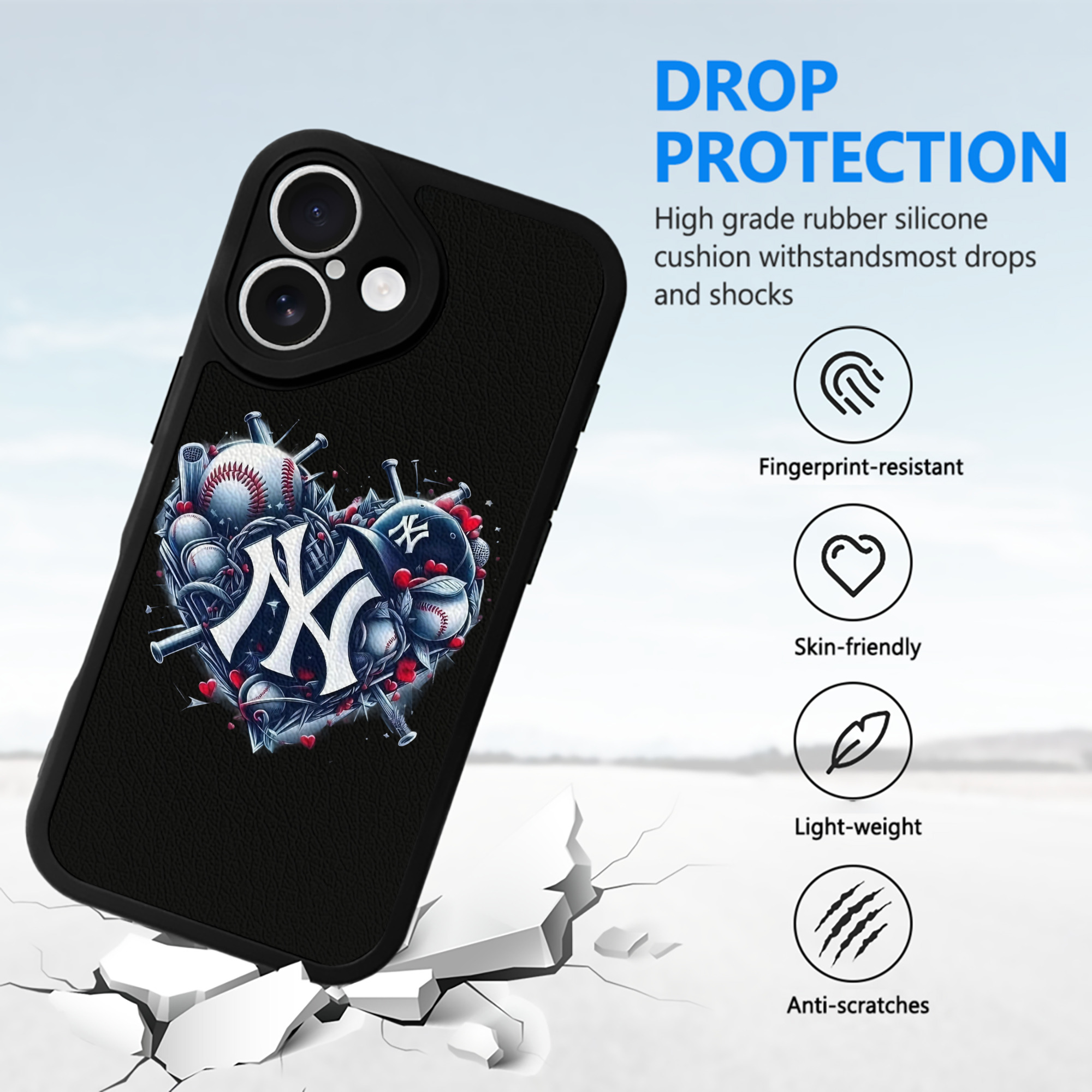 New York Yankees Heart IPhone 16 Silicone Leather Case – UV Print, Lambskin Texture – Perfect Fit, Wireless Charging Compatible, Scratch Resistant, Precise Cutouts – Stylish Protection For IPhone 16