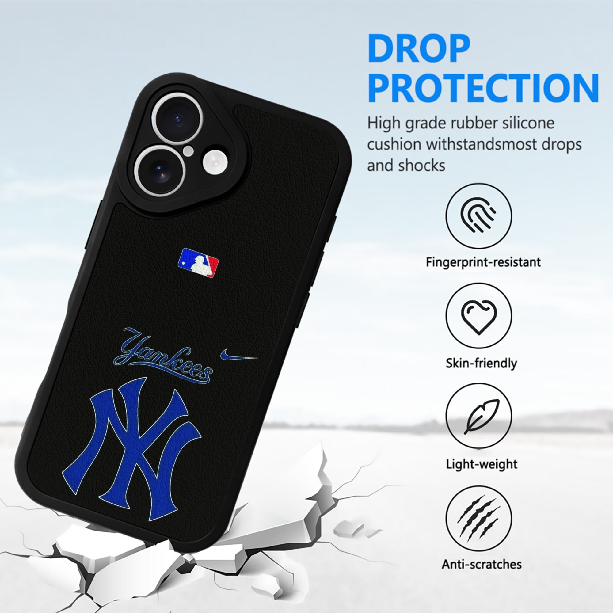 New York Yankees Blue Logo IPhone 16 Silicone Leather Case – UV Print, Lambskin Texture – Perfect Fit, Wireless Charging Compatible, Scratch Resistant, Precise Cutouts – Stylish Protection For IPhone 16