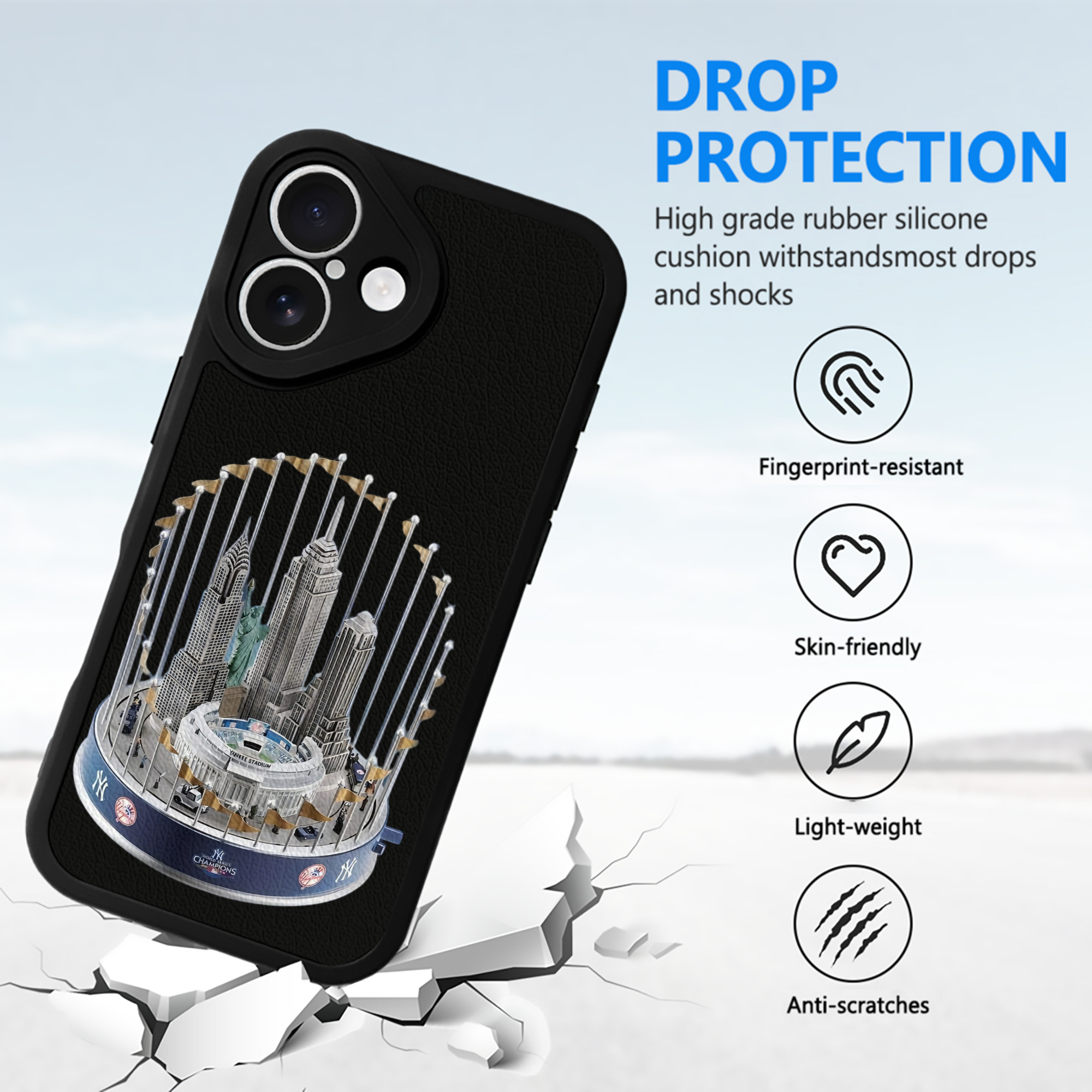 New York Yankees WS Champions Cup IPhone 16 Silicone Leather Case – UV Print, Lambskin Texture – Perfect Fit, Wireless Charging Compatible, Scratch Resistant, Precise Cutouts – Stylish Protection For IPhone 16