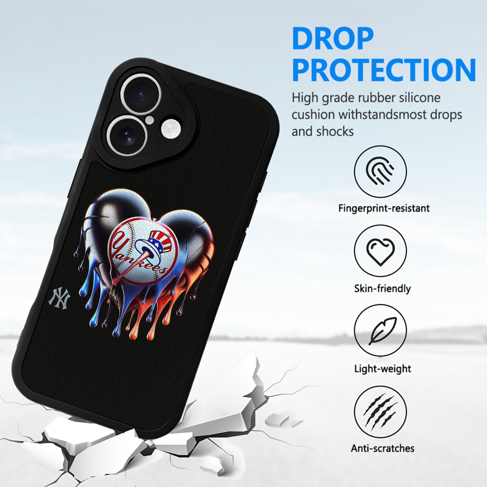 New York Yankees Heart IPhone 16 Silicone Leather Case – UV Print, Lambskin Texture – Perfect Fit, Wireless Charging Compatible, Scratch Resistant, Precise Cutouts – Stylish Protection For IPhone 16