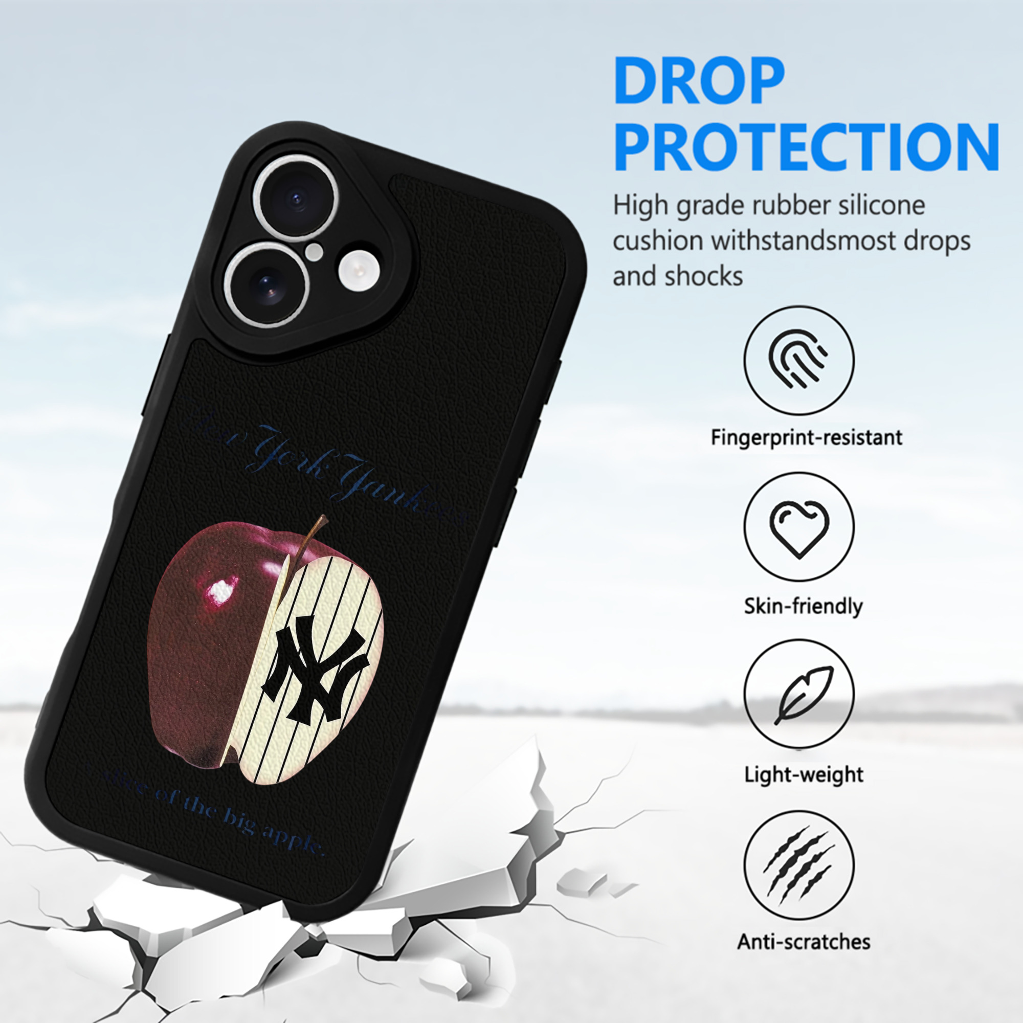 New York Yankees A Slice of The Big Apple IPhone 16 Silicone Leather Case – UV Print, Lambskin Texture – Perfect Fit, Wireless Charging Compatible, Scratch Resistant, Precise Cutouts – Stylish Protection For IPhone 16