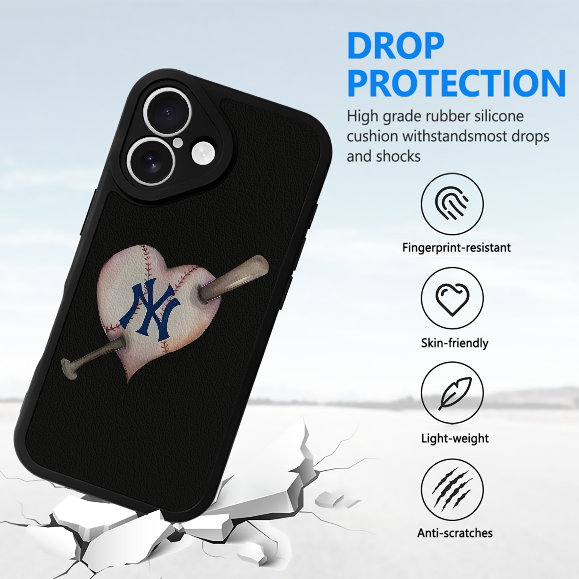 New York Yankees Heart IPhone 16 Silicone Leather Case – UV Print, Lambskin Texture – Perfect Fit, Wireless Charging Compatible, Scratch Resistant, Precise Cutouts – Stylish Protection For IPhone 16