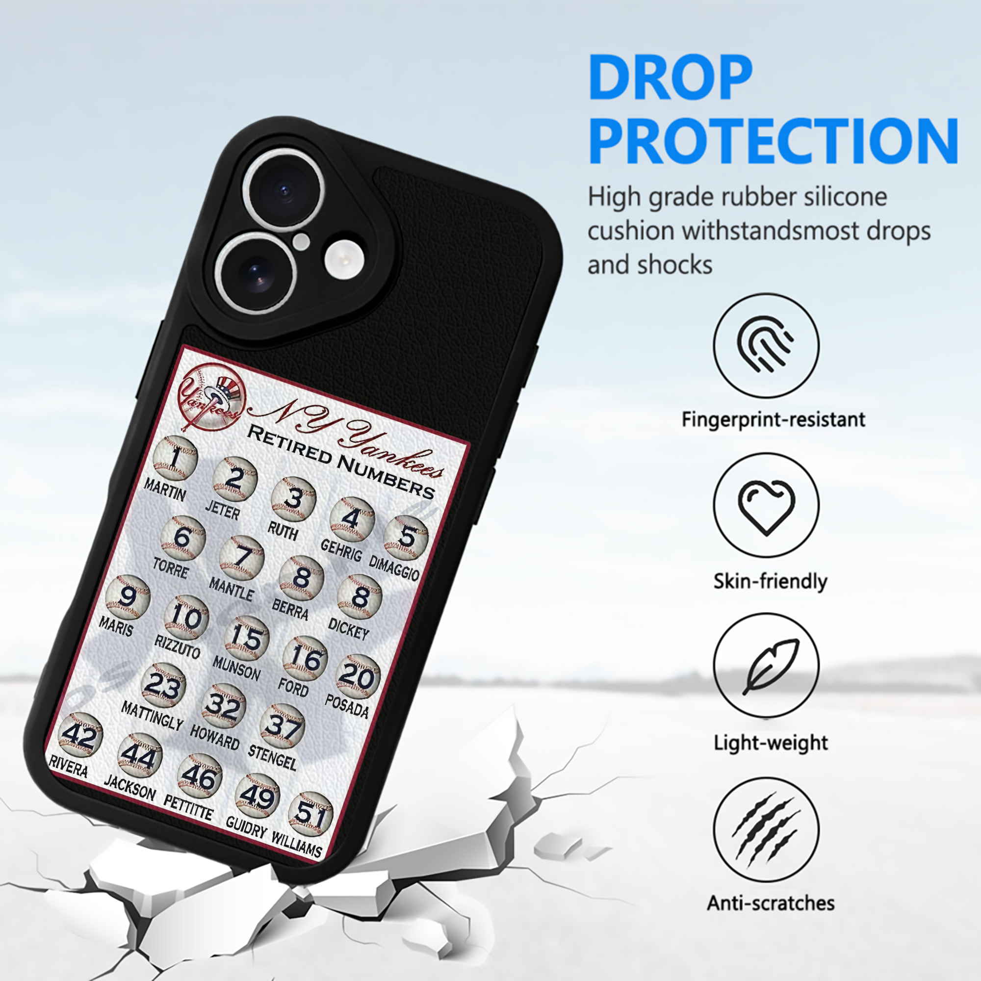 New York Yankees Retired Numbers IPhone 16 Silicone Leather Case – UV Print, Lambskin Texture – Perfect Fit, Wireless Charging Compatible, Scratch Resistant, Precise Cutouts – Stylish Protection For IPhone 16