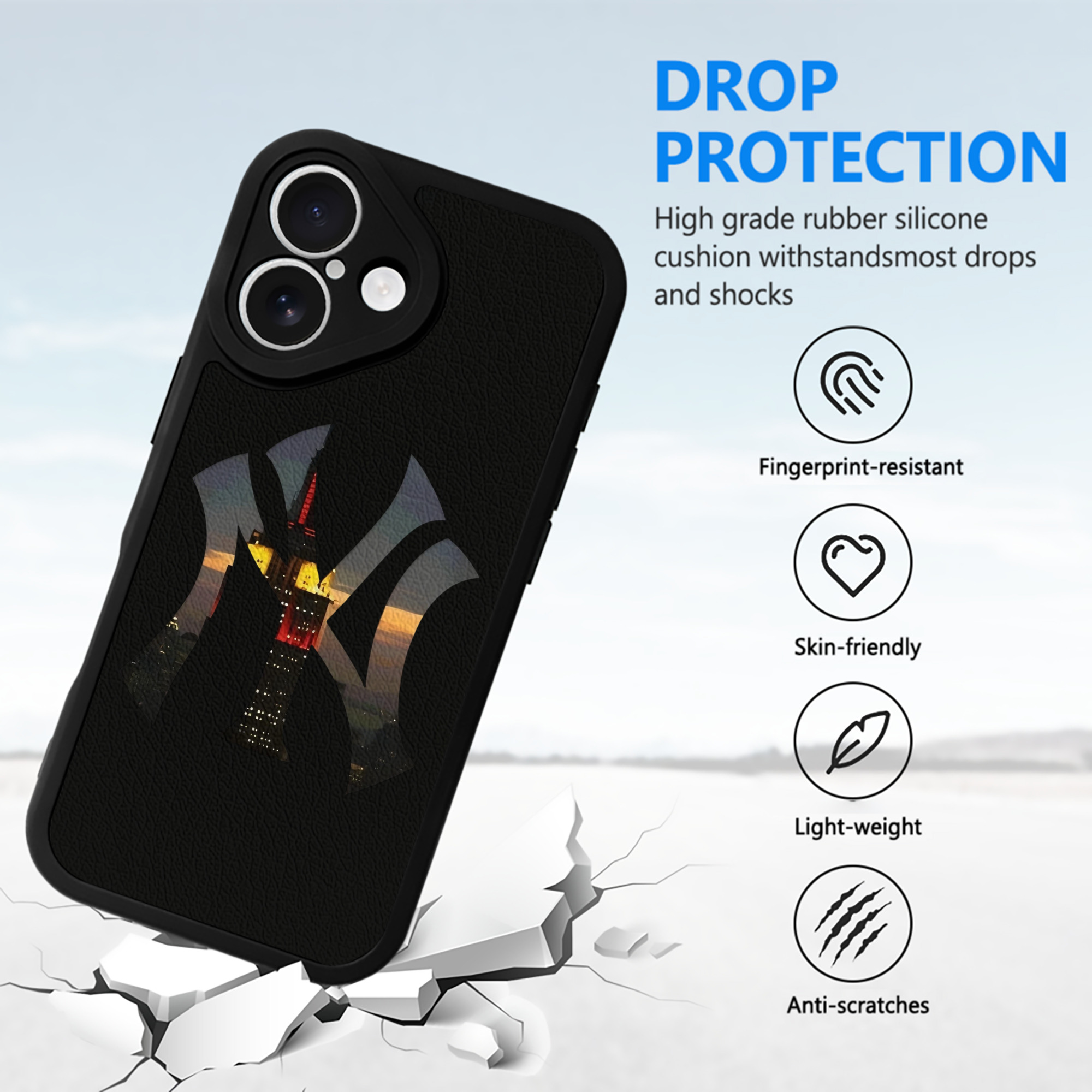 New York Yankees Logo New York Background IPhone 16 Silicone Leather Case – UV Print, Lambskin Texture – Perfect Fit, Wireless Charging Compatible, Scratch Resistant, Precise Cutouts – Stylish Protection For IPhone 16