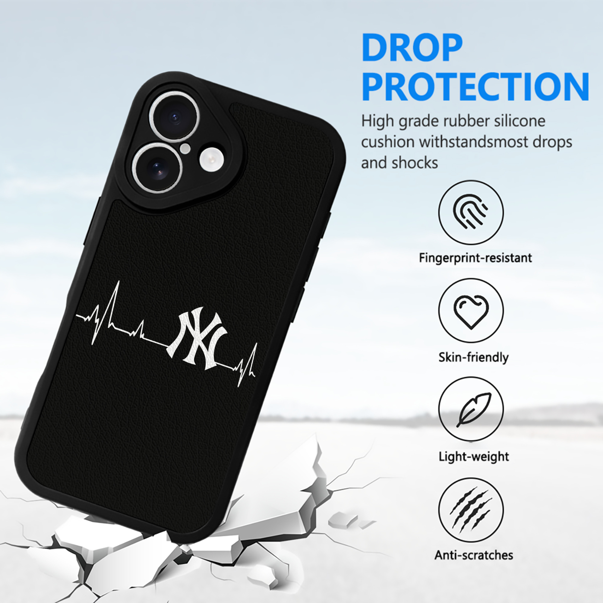 New York Yankees EKG Line IPhone 16 Silicone Leather Case – UV Print, Lambskin Texture – Perfect Fit, Wireless Charging Compatible, Scratch Resistant, Precise Cutouts – Stylish Protection For IPhone 16