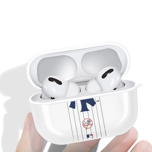 New York Yankees Pinstripe Logo AirPods Pro Hard Case White With Keychain, Durable Flexible PC, Precise Cutouts, Anti-Fingerprint, Yellowing & Scratch Resistant, Full Protection, Washable