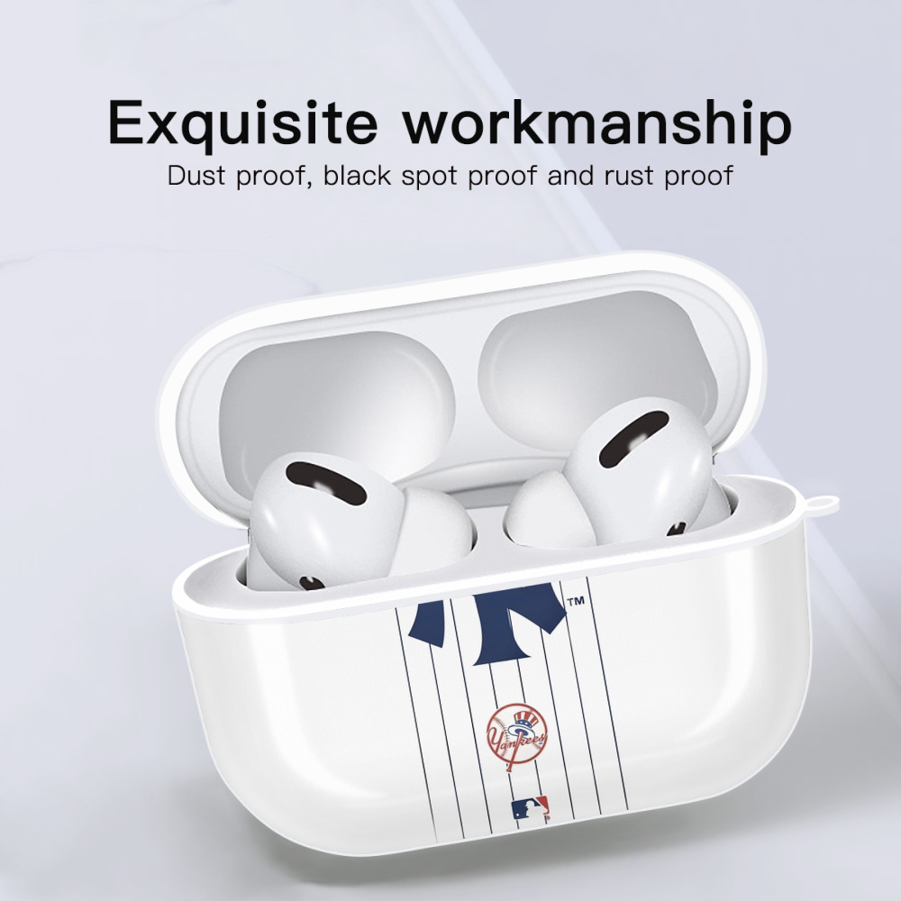 New York Yankees Pinstripe Logo AirPods Pro Hard Case White With Keychain, Durable Flexible PC, Precise Cutouts, Anti-Fingerprint, Yellowing & Scratch Resistant, Full Protection, Washable