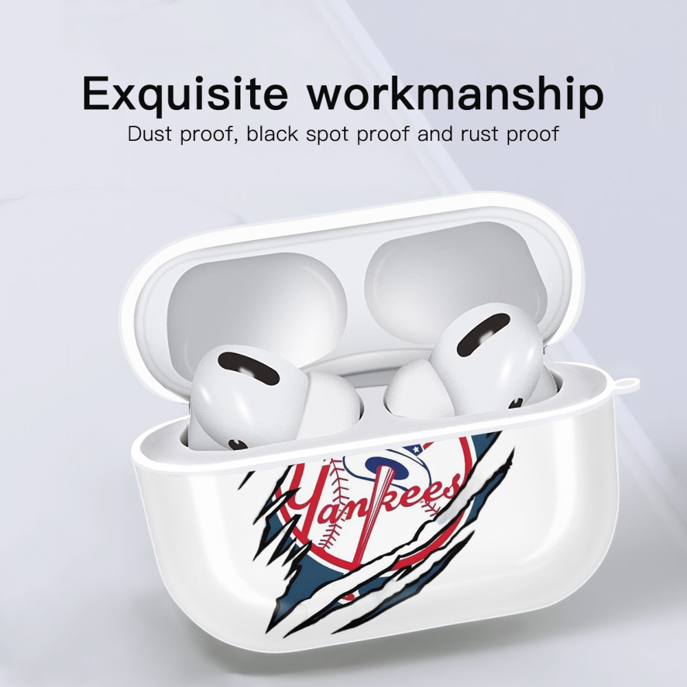 New York Yankees Claw Logo AirPods Pro Hard Case White With Keychain, Durable Flexible PC, Precise Cutouts, Anti-Fingerprint, Yellowing & Scratch Resistant, Full Protection, Washable