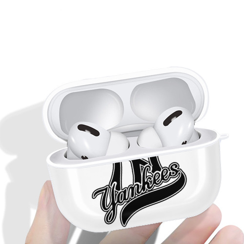 New York Yankees Black Logo AirPods Pro Hard Case White With Keychain, Durable Flexible PC, Precise Cutouts, Anti-Fingerprint, Yellowing & Scratch Resistant, Full Protection, Washable