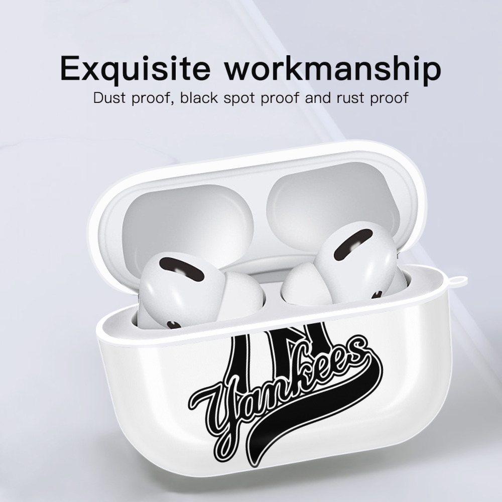 New York Yankees Black Logo AirPods Pro Hard Case White With Keychain, Durable Flexible PC, Precise Cutouts, Anti-Fingerprint, Yellowing & Scratch Resistant, Full Protection, Washable