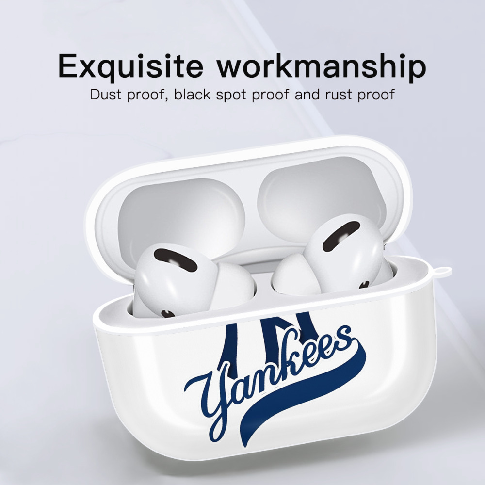 New York Yankees Blue Logo AirPods Pro Hard Case White With Keychain, Durable Flexible PC, Precise Cutouts, Anti-Fingerprint, Yellowing & Scratch Resistant, Full Protection, Washable