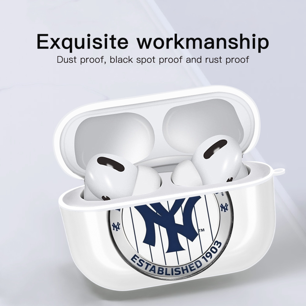New York Yankees Established 1903 AirPods Pro Hard Case White With Keychain, Durable Flexible PC, Precise Cutouts, Anti-Fingerprint, Yellowing & Scratch Resistant, Full Protection, Washable