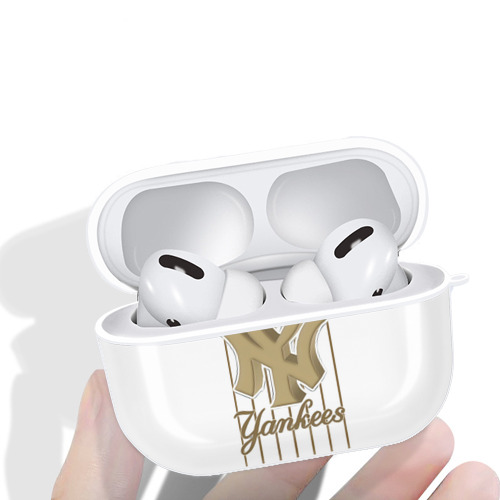 New York Yankees Pinstripe Golden Logo AirPods Pro Hard Case White With Keychain, Durable Flexible PC, Precise Cutouts, Anti-Fingerprint, Yellowing & Scratch Resistant, Full Protection, Washable