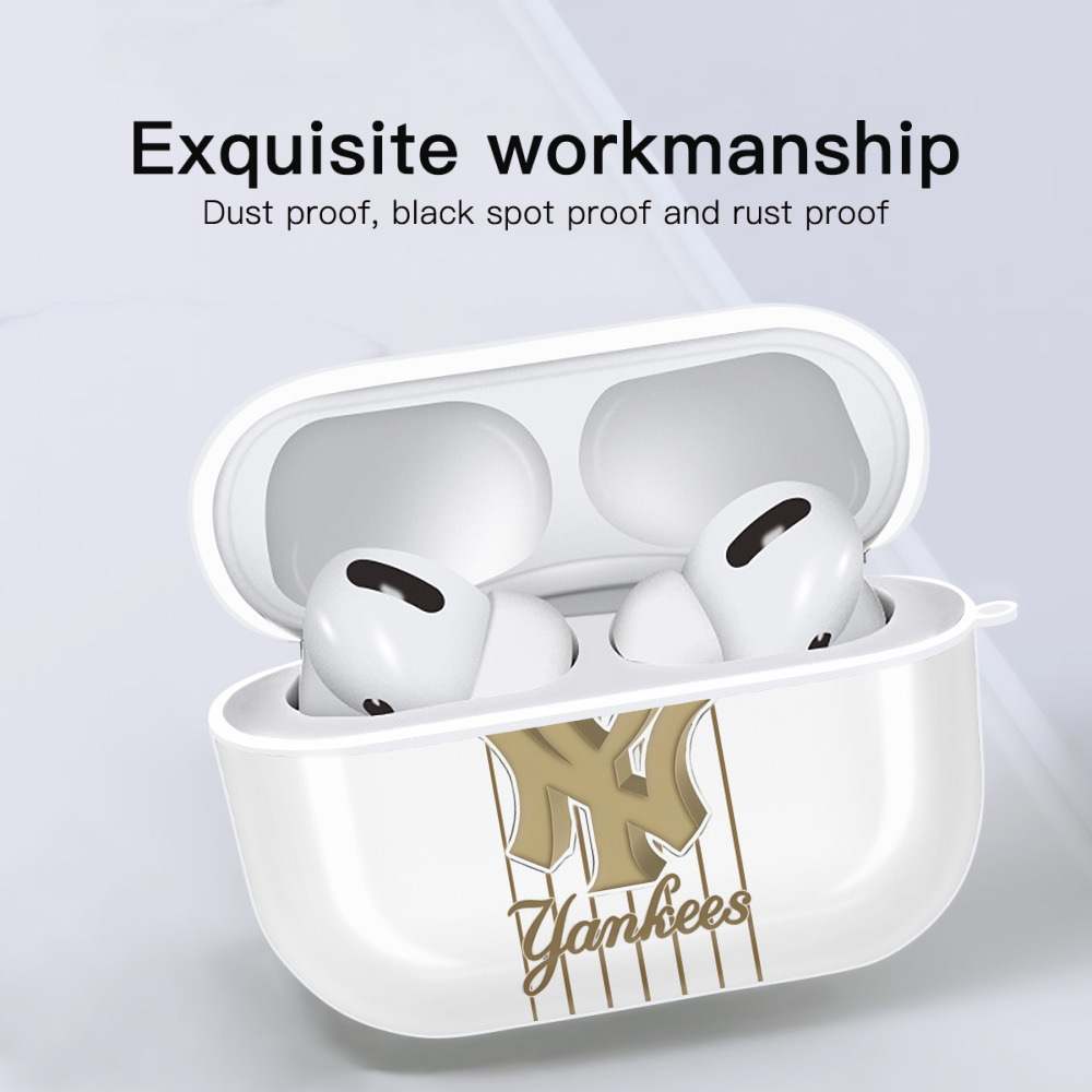 New York Yankees Pinstripe Golden Logo AirPods Pro Hard Case White With Keychain, Durable Flexible PC, Precise Cutouts, Anti-Fingerprint, Yellowing & Scratch Resistant, Full Protection, Washable