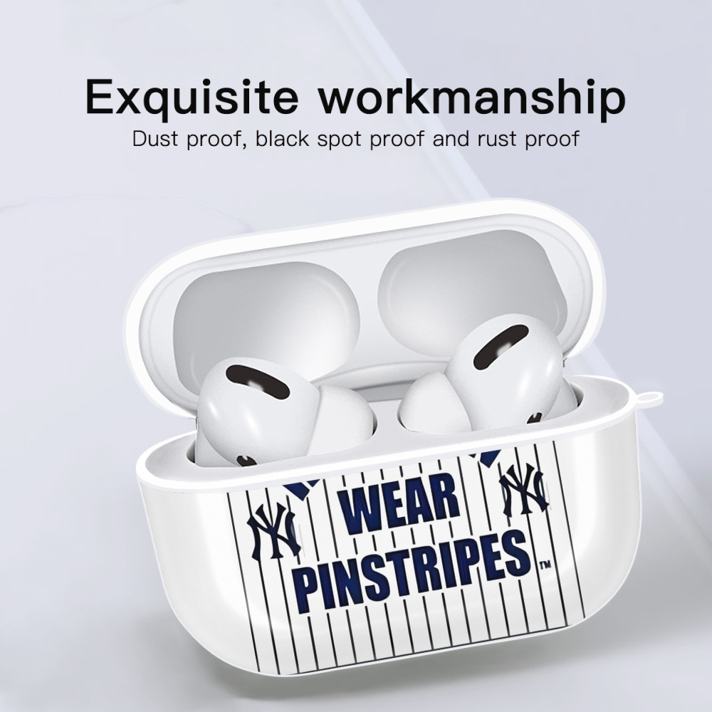 New York Yankees Real Men Wear Pinstripes AirPods Pro Hard Case White With Keychain, Durable Flexible PC, Precise Cutouts, Anti-Fingerprint, Yellowing & Scratch Resistant, Full Protection, Washable