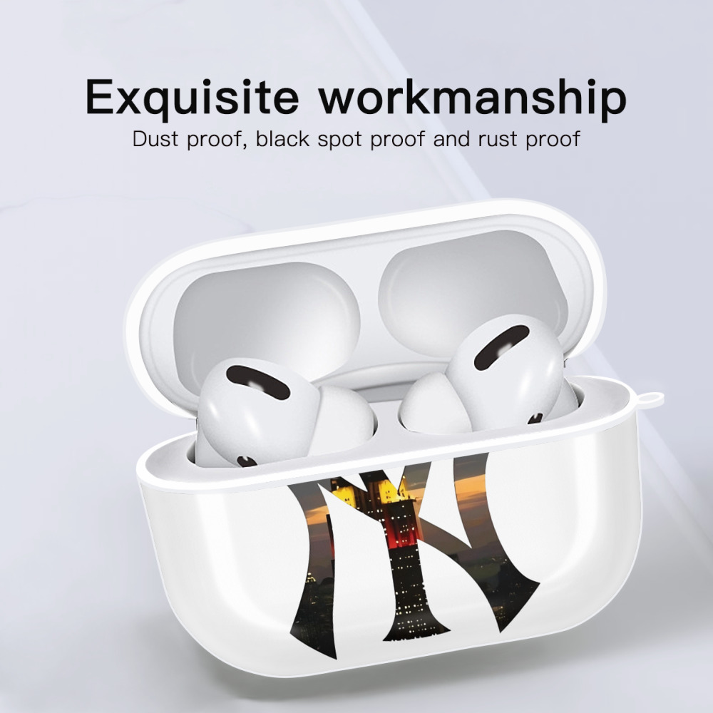 New York Yankees Logo New York Background AirPods Pro Hard Case White With Keychain, Durable Flexible PC, Precise Cutouts, Anti-Fingerprint, Yellowing & Scratch Resistant, Full Protection, Washable