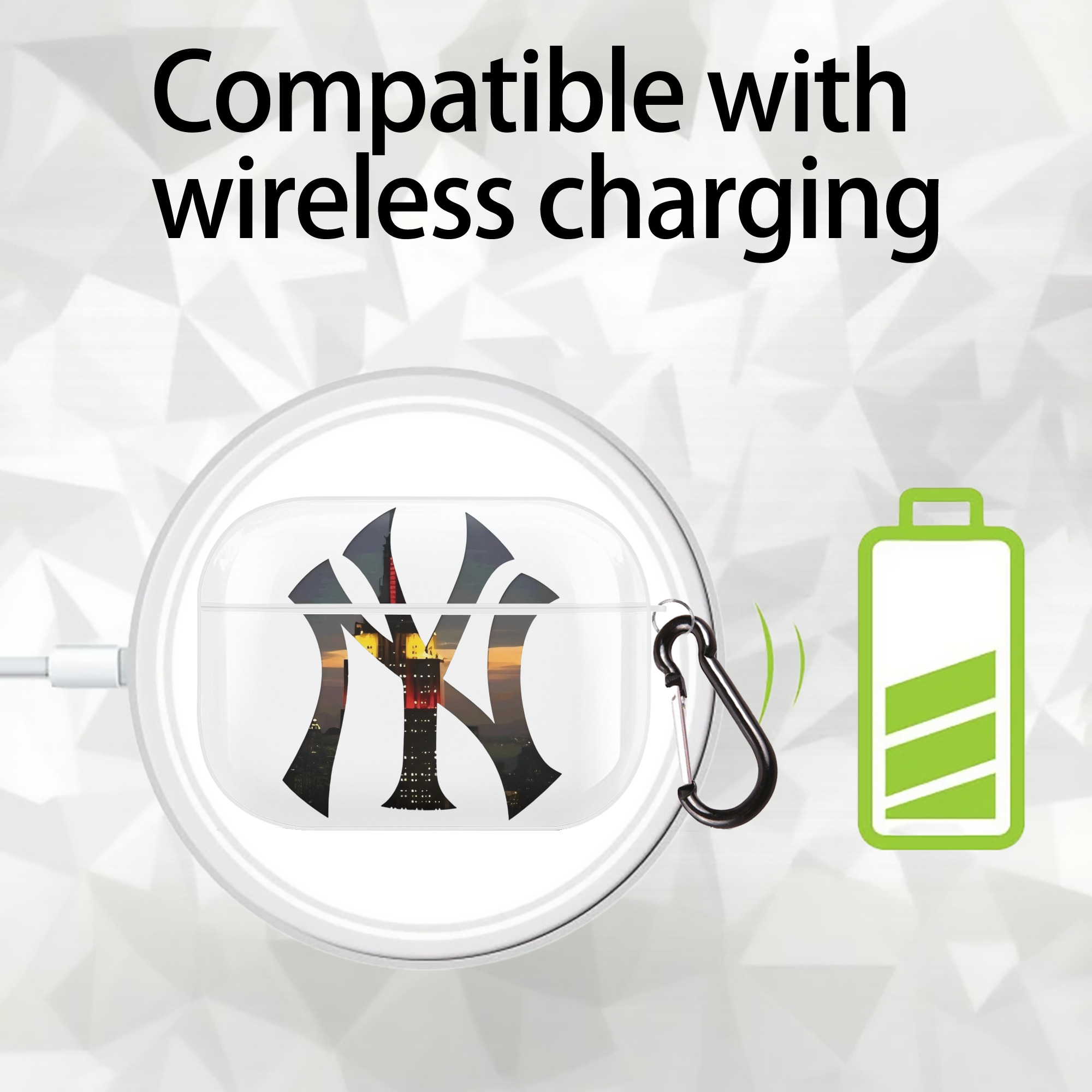 New York Yankees Logo New York Background AirPods Pro Hard Case White With Keychain, Durable Flexible PC, Precise Cutouts, Anti-Fingerprint, Yellowing & Scratch Resistant, Full Protection, Washable