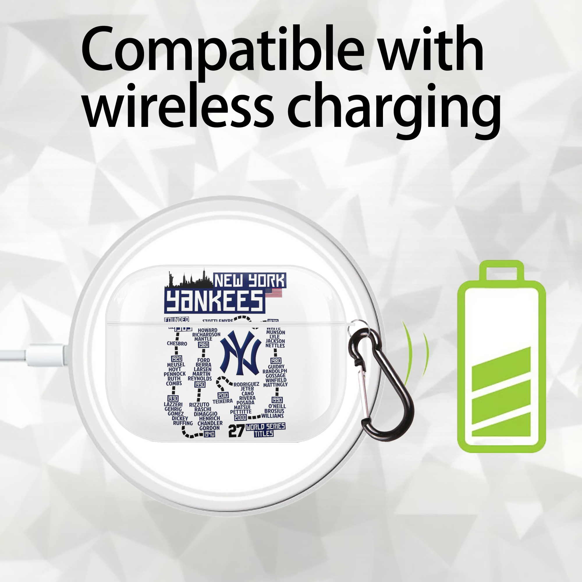 New York Yankees 27 World Series Titles AirPods Pro Hard Case White With Keychain, Durable Flexible PC, Precise Cutouts, Anti-Fingerprint, Yellowing & Scratch Resistant, Full Protection, Washable