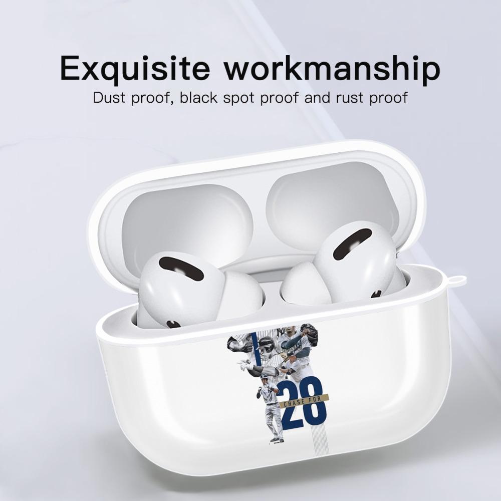 New York Yankees Chase For 28 AirPods Pro Hard Case White With Keychain, Durable Flexible PC, Precise Cutouts, Anti-Fingerprint, Yellowing & Scratch Resistant, Full Protection, Washable