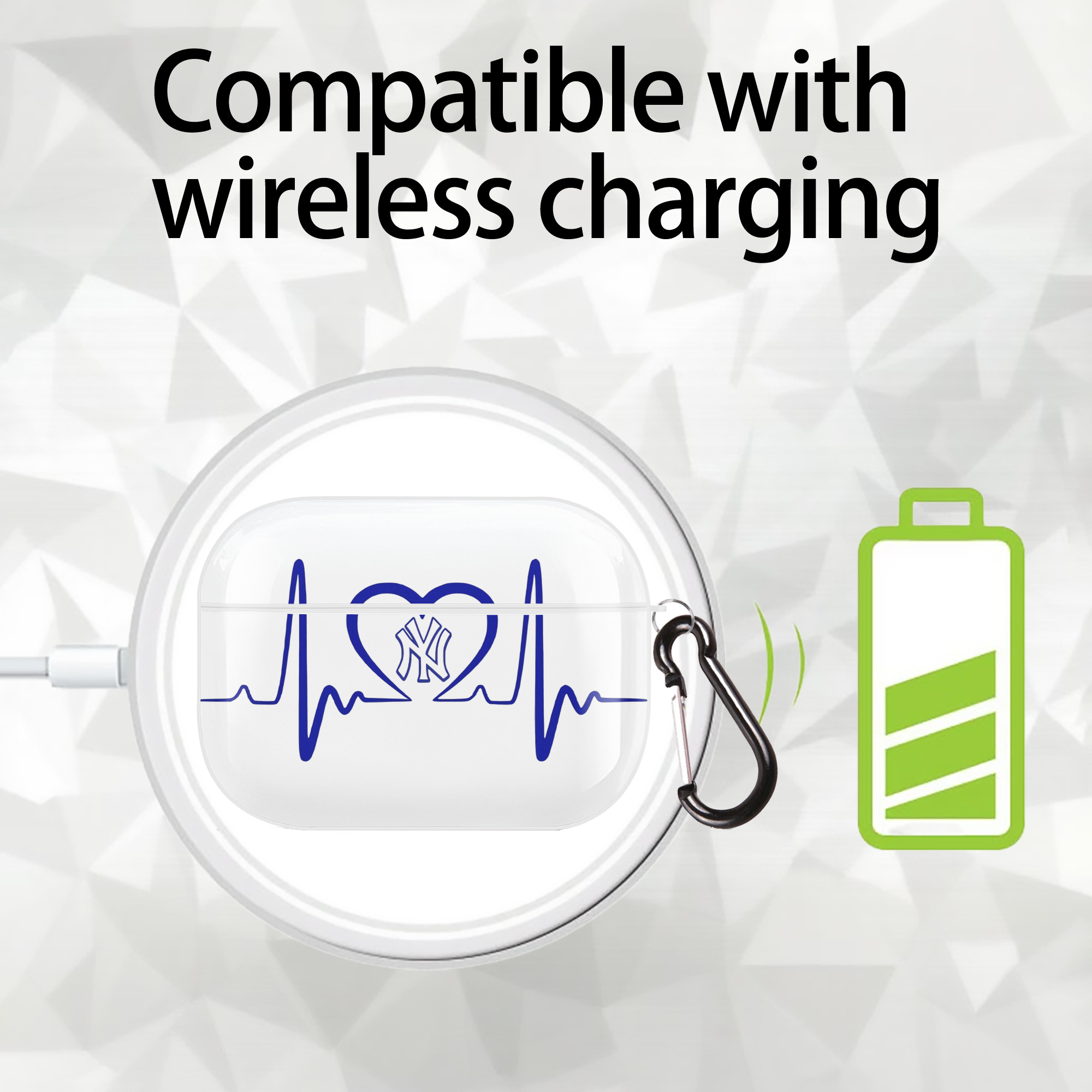 New York Yankees EKG Heart Line AirPods Pro Hard Case White With Keychain, Durable Flexible PC, Precise Cutouts, Anti-Fingerprint, Yellowing & Scratch Resistant, Full Protection, Washable