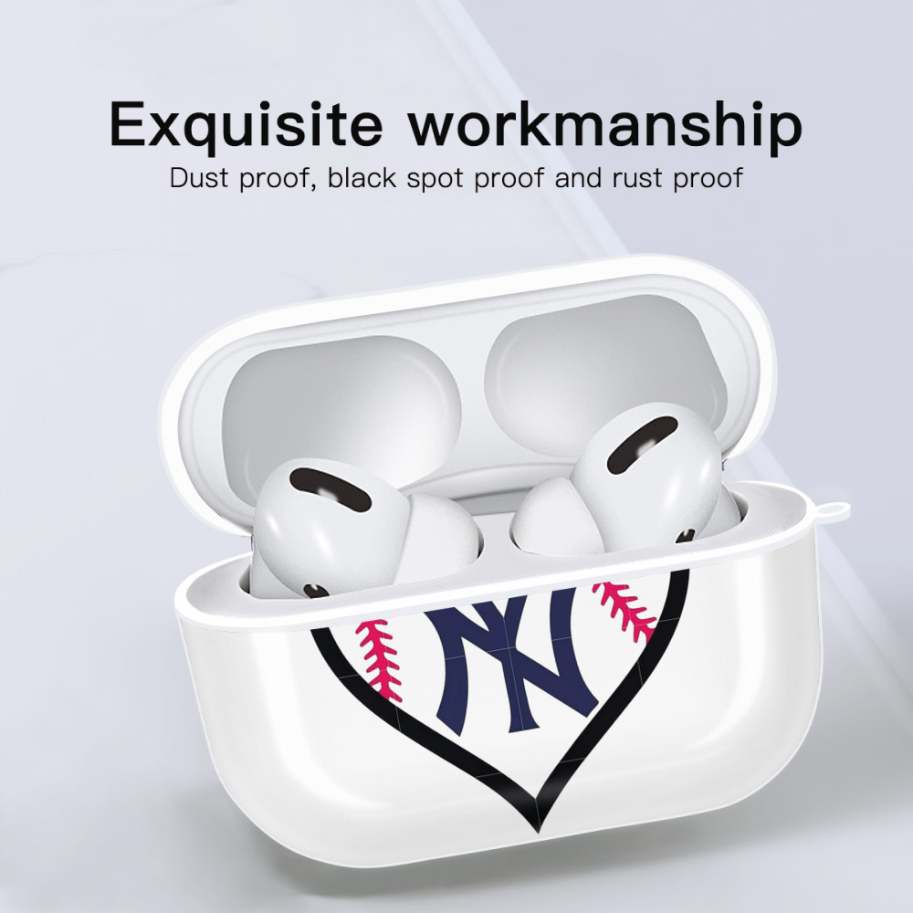 New York Yankees Heart AirPods Pro Hard Case White With Keychain, Durable Flexible PC, Precise Cutouts, Anti-Fingerprint, Yellowing & Scratch Resistant, Full Protection, Washable