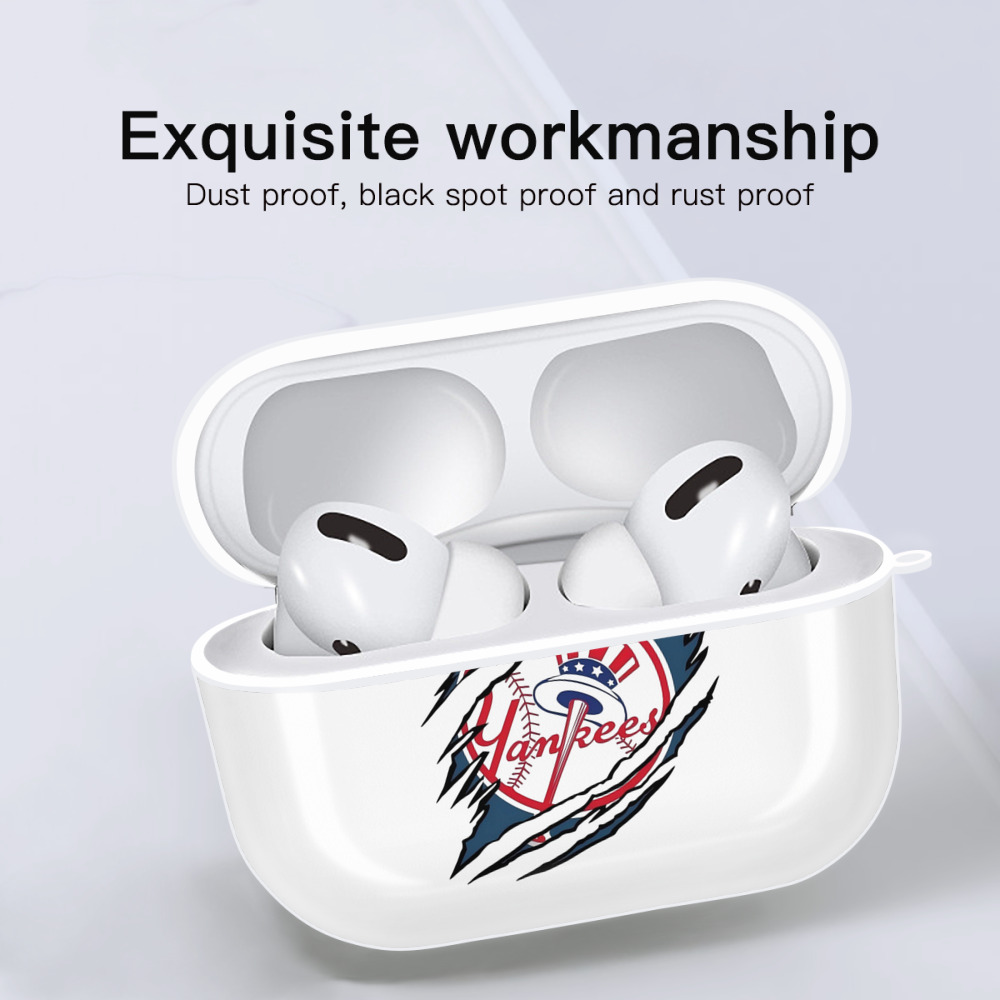 New York Yankees Claw Logo AirPods Pro Hard Case White With Keychain, Durable Flexible PC, Precise Cutouts, Anti-Fingerprint, Yellowing & Scratch Resistant, Full Protection, Washable