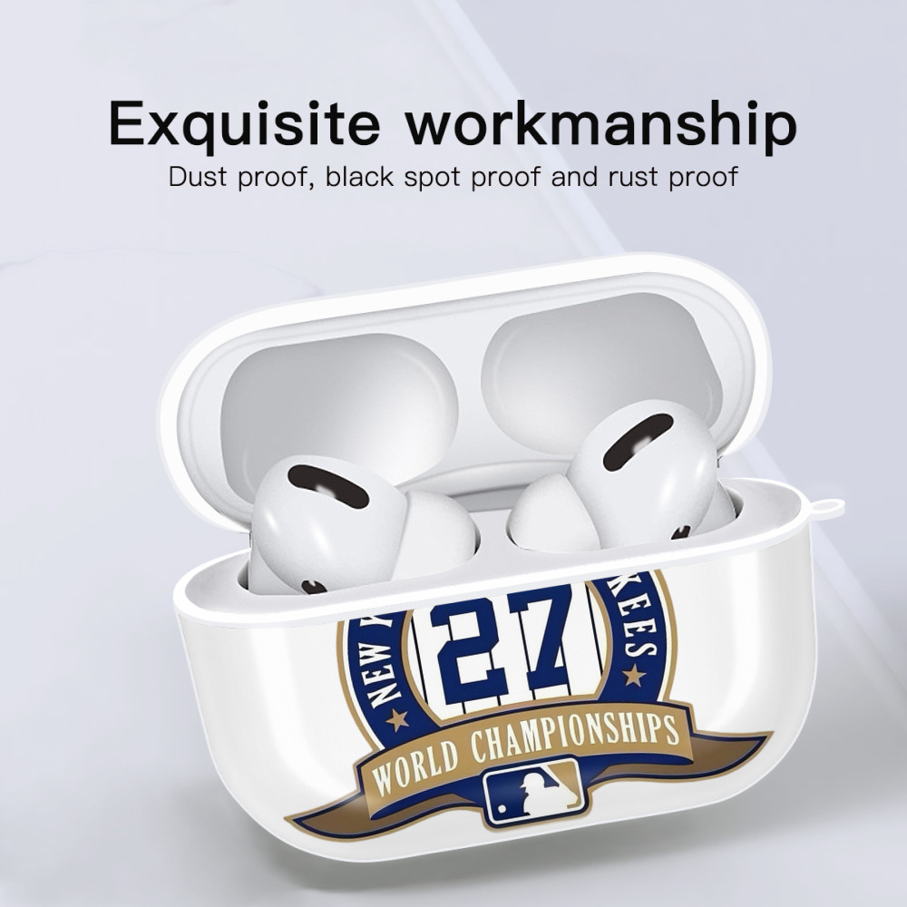 New York Yankees 27 World Championships AirPods Pro Hard Case White With Keychain, Durable Flexible PC, Precise Cutouts, Anti-Fingerprint, Yellowing & Scratch Resistant, Full Protection, Washable