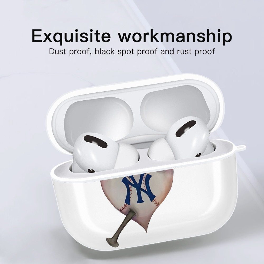 New York Yankees Heart AirPods Pro Hard Case White With Keychain, Durable Flexible PC, Precise Cutouts, Anti-Fingerprint, Yellowing & Scratch Resistant, Full Protection, Washable