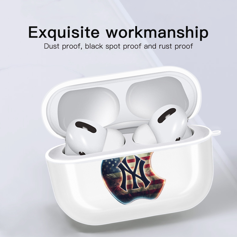 New York Yankees Apple US Flag AirPods Pro Hard Case White With Keychain, Durable Flexible PC, Precise Cutouts, Anti-Fingerprint, Yellowing & Scratch Resistant, Full Protection, Washable