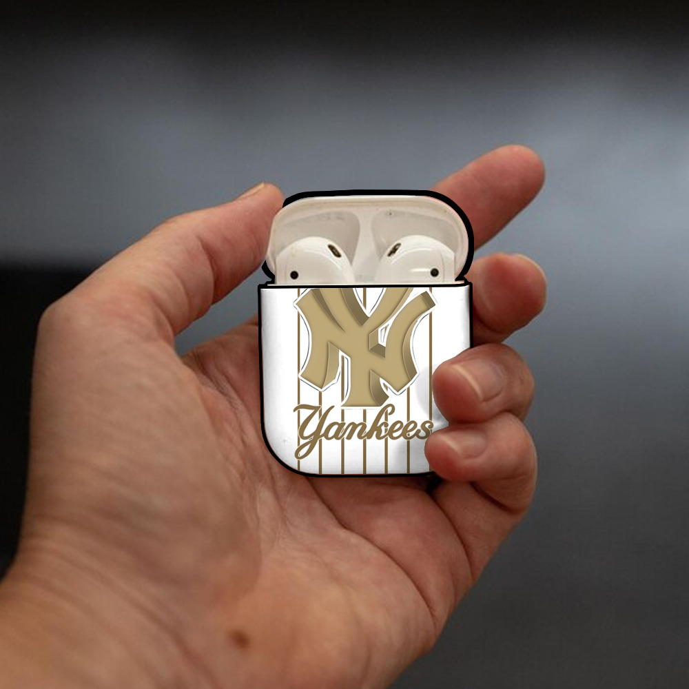 New York Yankees Pinstripe Golden Logo AirPods 2 Case Hard Shell Black, Flexible PC Material, Precise Cutouts, Full Protection, Anti-Fingerprint, Washable, Includes Keychain – Durable & Slim Design