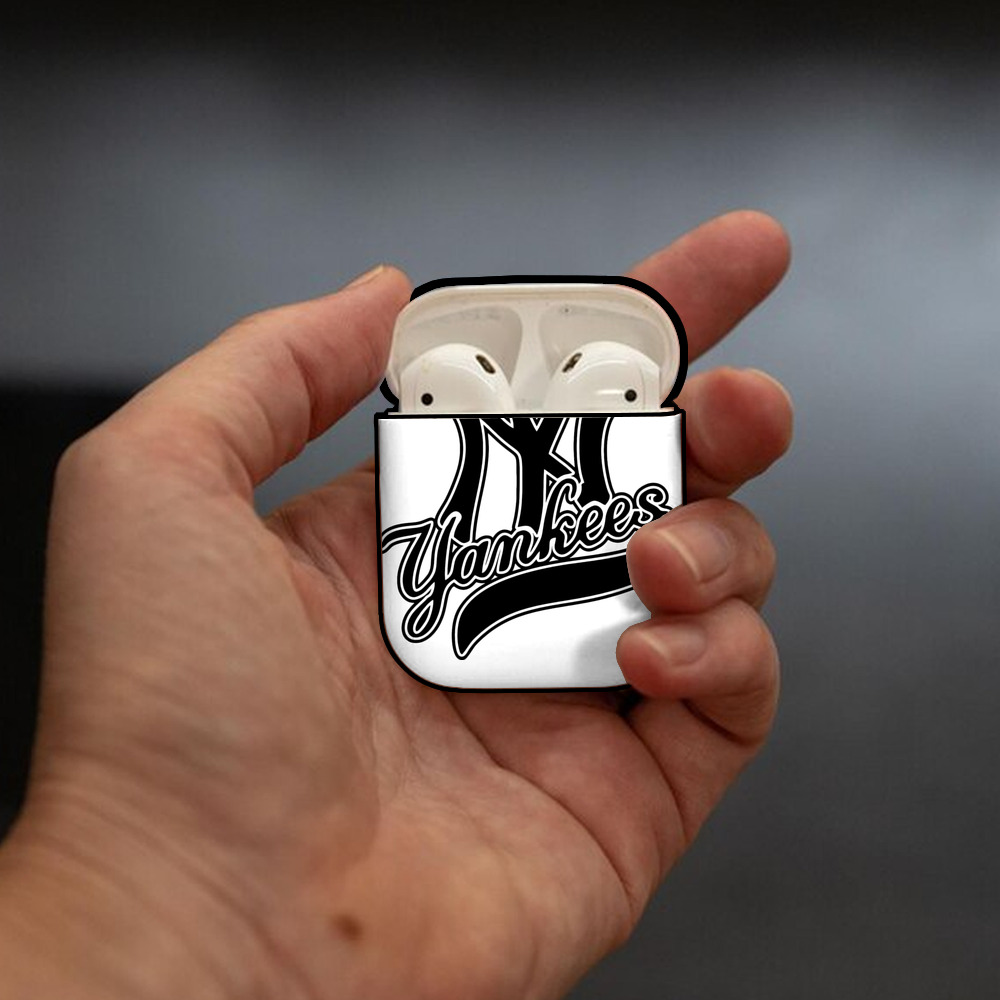 New York Yankees Black Logo AirPods 2 Case Hard Shell Black, Flexible PC Material, Precise Cutouts, Full Protection, Anti-Fingerprint, Washable, Includes Keychain – Durable & Slim Design