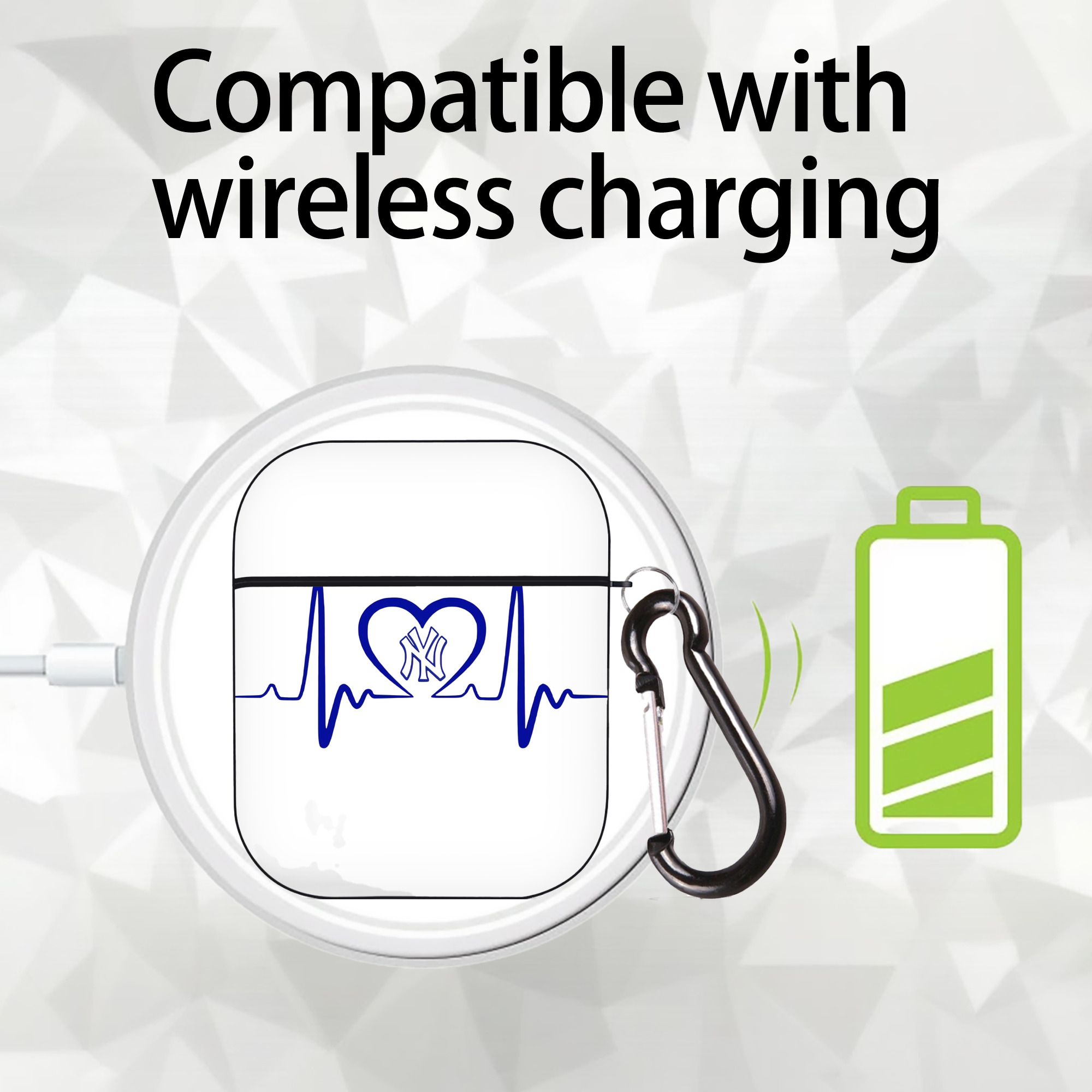 New York Yankees EKG Heart Line AirPods 2 Case Hard Shell Black, Flexible PC Material, Precise Cutouts, Full Protection, Anti-Fingerprint, Washable, Includes Keychain – Durable & Slim Design