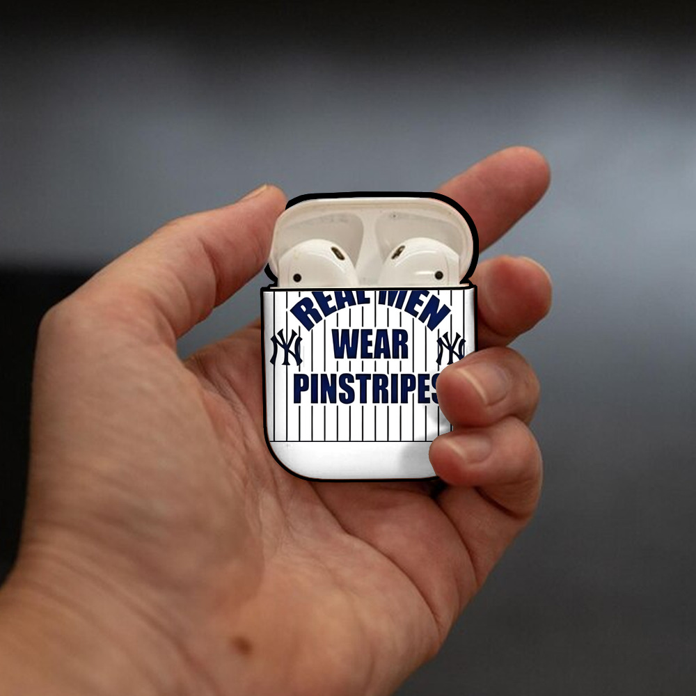 New York Yankees Real Men Wear Pinstripes AirPods 2 Case Hard Shell Black, Flexible PC Material, Precise Cutouts, Full Protection, Anti-Fingerprint, Washable, Includes Keychain – Durable & Slim Design