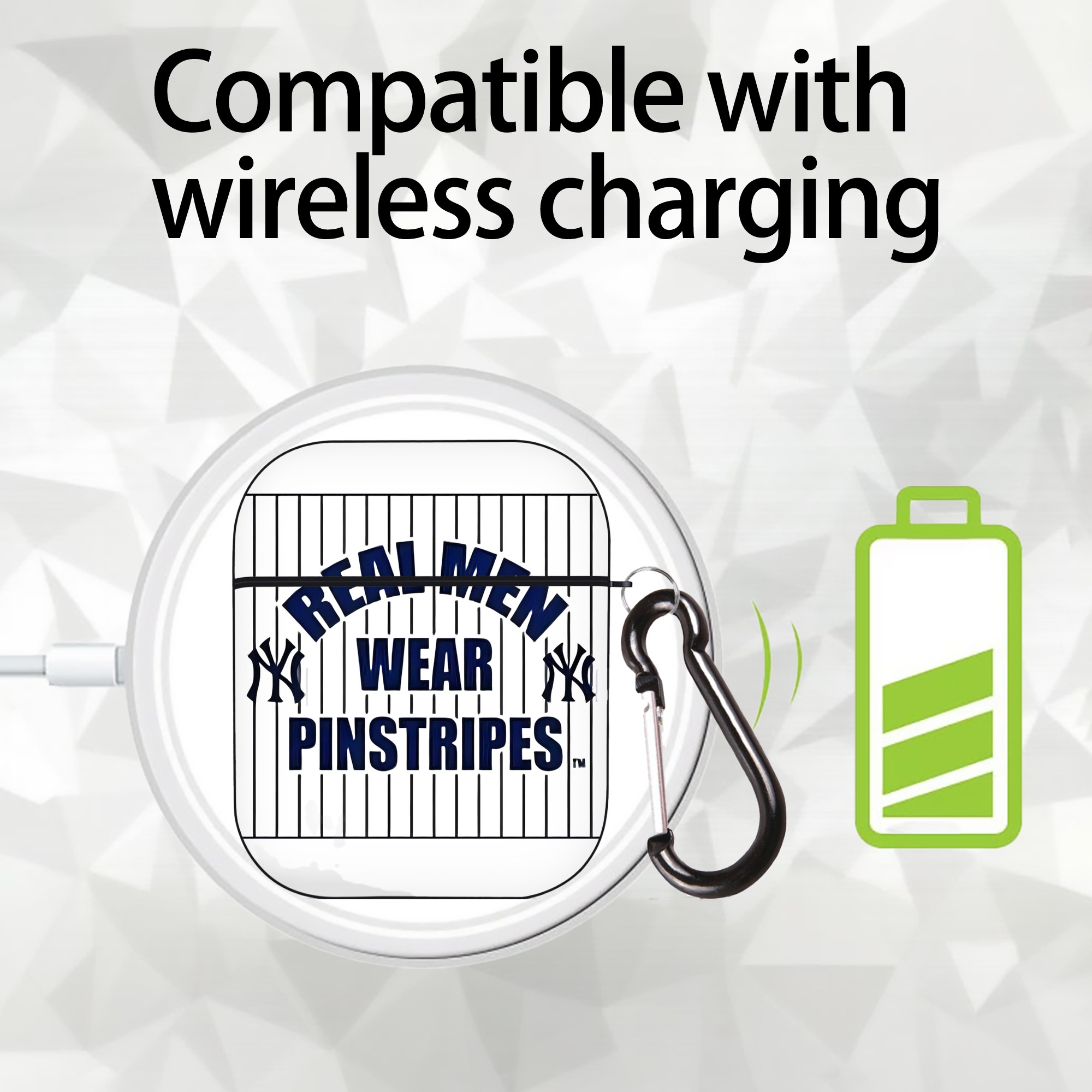 New York Yankees Real Men Wear Pinstripes AirPods 2 Case Hard Shell Black, Flexible PC Material, Precise Cutouts, Full Protection, Anti-Fingerprint, Washable, Includes Keychain – Durable & Slim Design