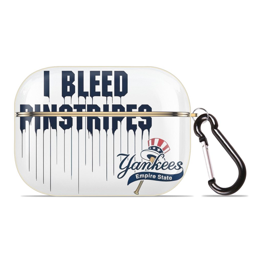 New York Yankees I Bleed Pinstripes Luxury Gold AirPods Pro Case With Keychain, Flexible PC Material, Full Protection, Precise Cutouts, Anti-Fingerprint, Washable, Durable Design
