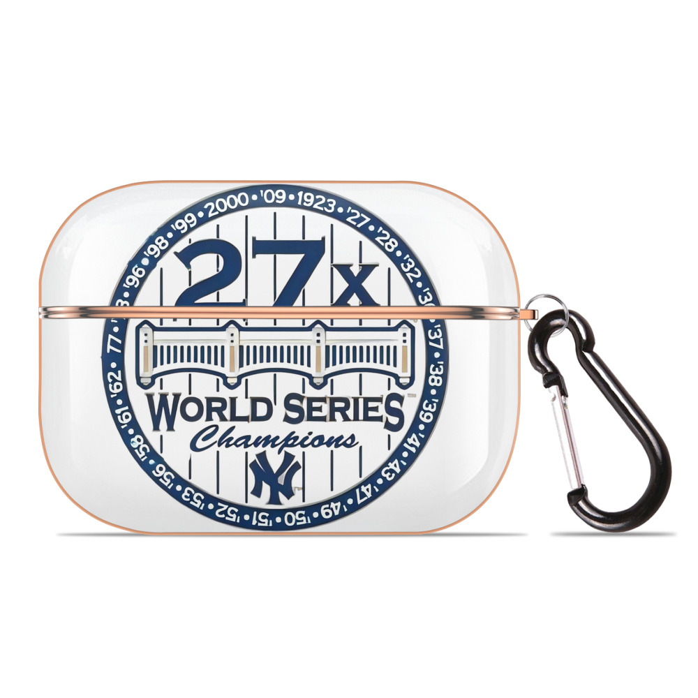 New York Yankees 27X WS Champions AirPods Pro Protective Case Rose Gold, Flexible PC Material, Precise Fit, Anti-Slip Cover, Full Protection, Fingerprint Resistant, Washable With Keychain