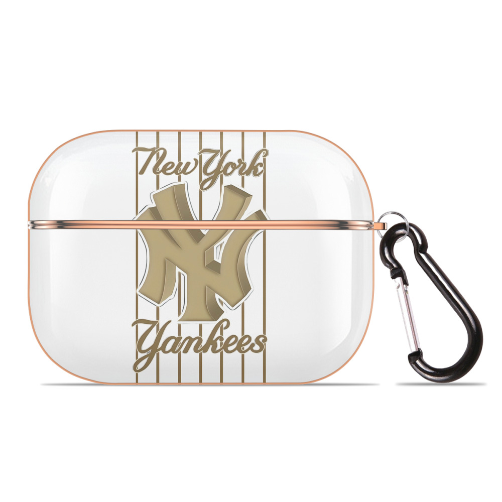 New York Yankees Pinstripe Golden Logo AirPods Pro Protective Case Rose Gold, Flexible PC Material, Precise Fit, Anti-Slip Cover, Full Protection, Fingerprint Resistant, Washable With Keychain